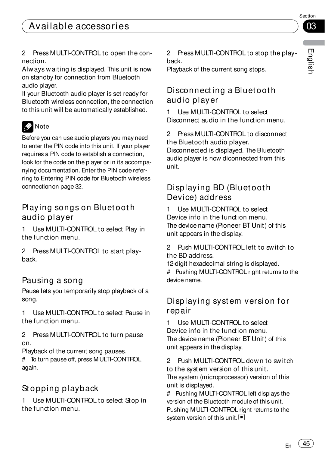 Pioneer DEH-P690UB Disconnecting a Bluetooth audio player, Displaying BD Bluetooth Device address, Stopping playback 