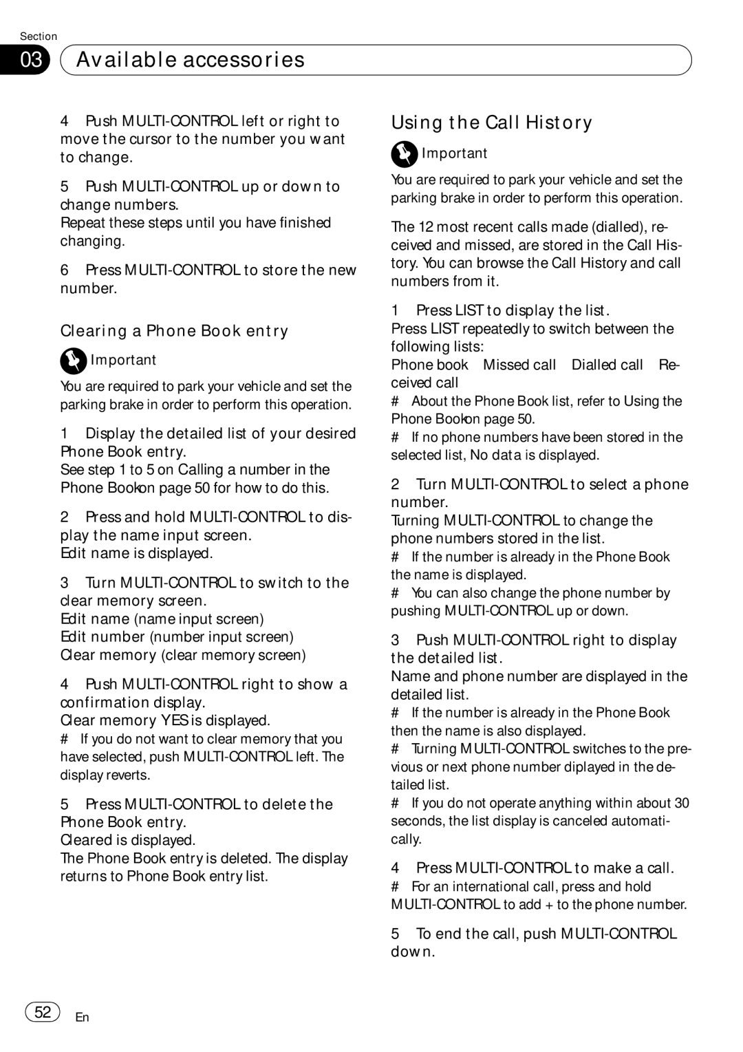 Pioneer DEH-P690UB operation manual Using the Call History, Clearing a Phone Book entry 