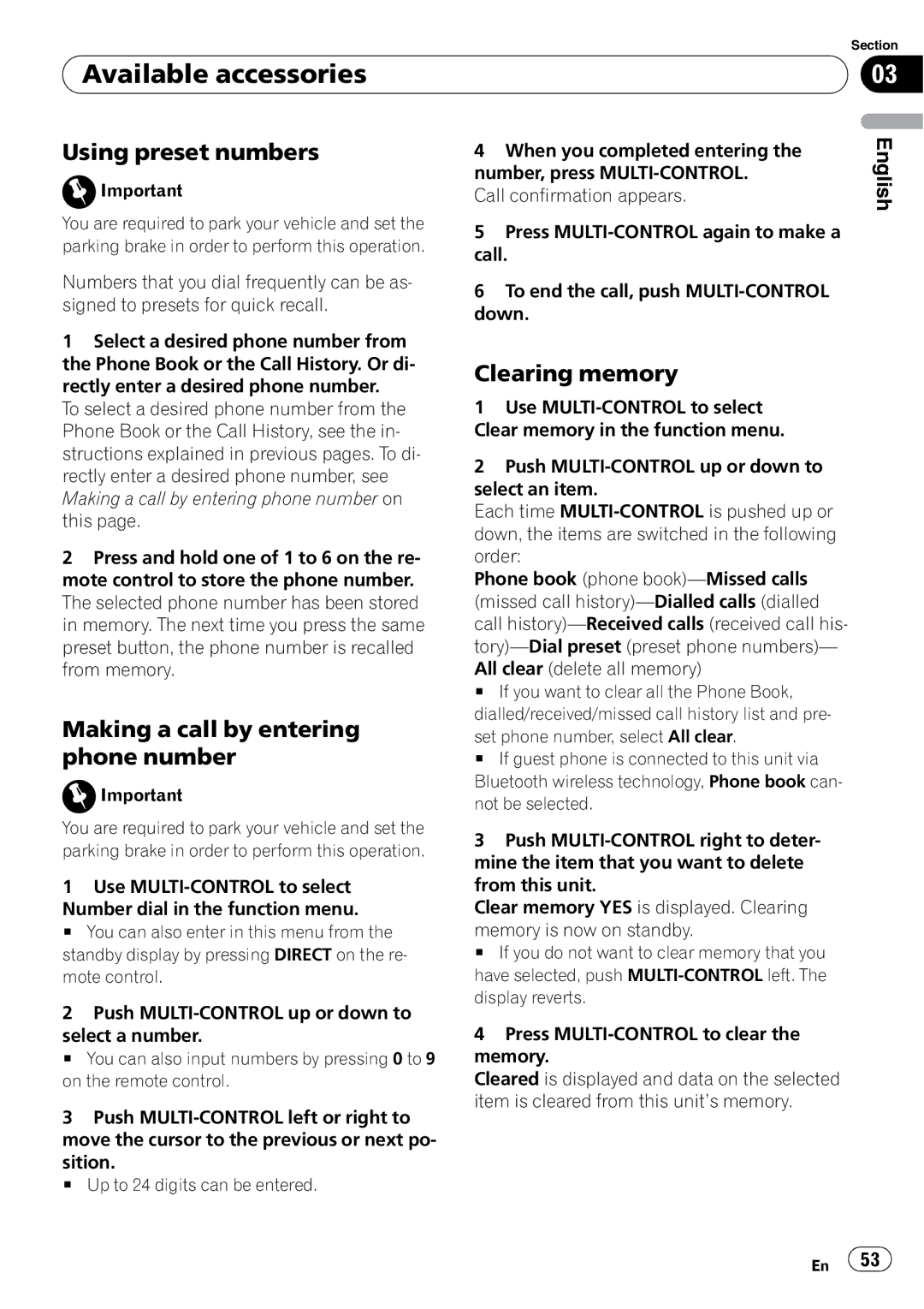 Pioneer DEH-P690UB operation manual Using preset numbers, Making a call by entering phone number, Clearing memory 