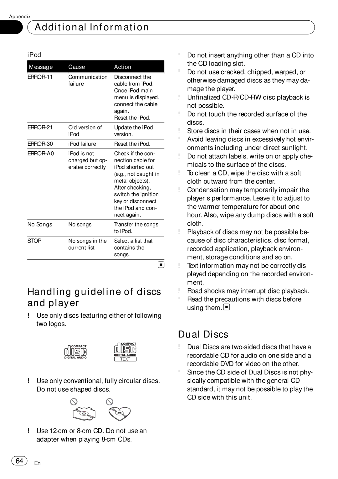 Pioneer DEH-P690UB operation manual Additional Information, Handling guideline of discs and player, Dual Discs 