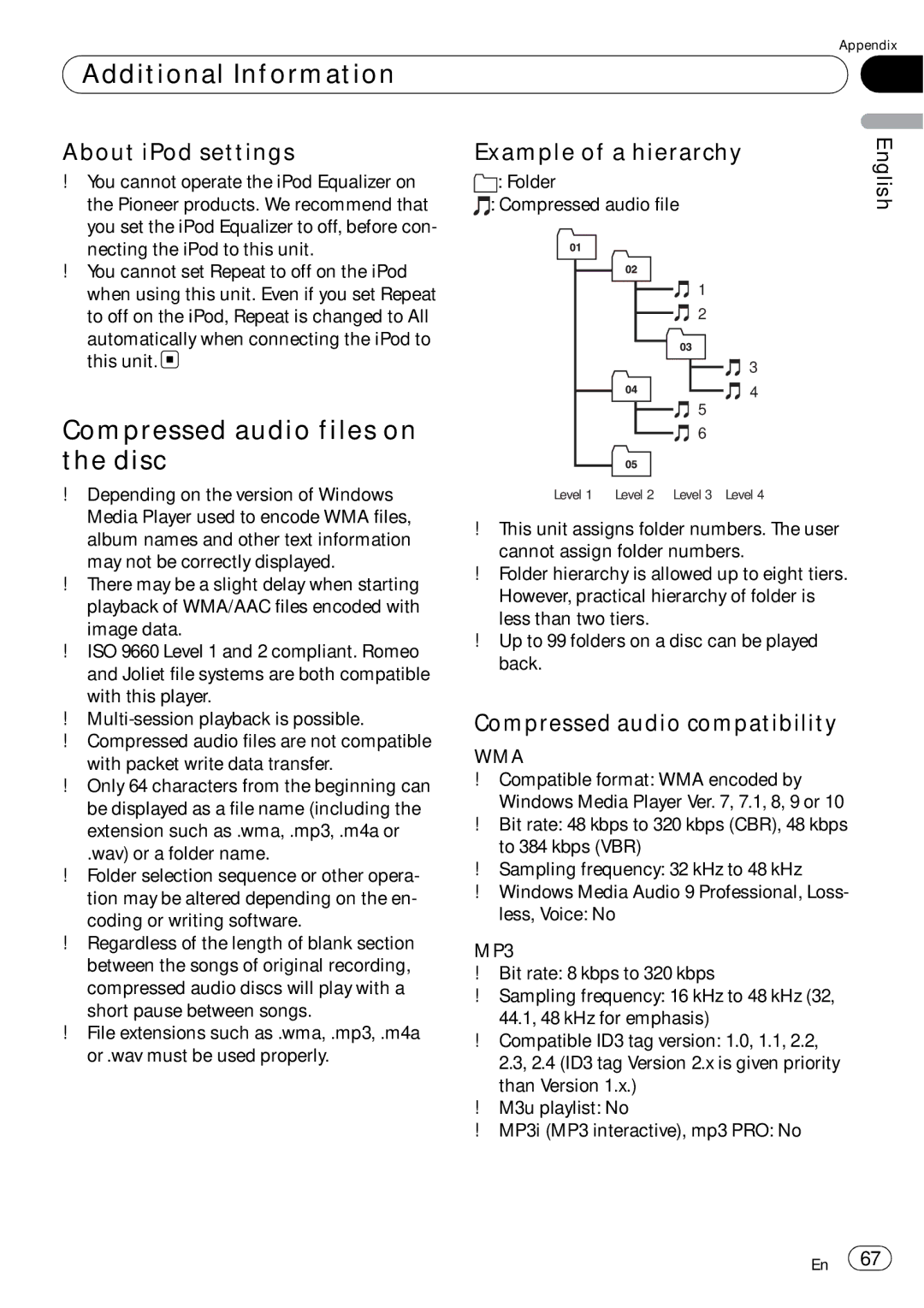 Pioneer DEH-P690UB operation manual Compressed audio files on the disc, About iPod settings, Example of a hierarchy 