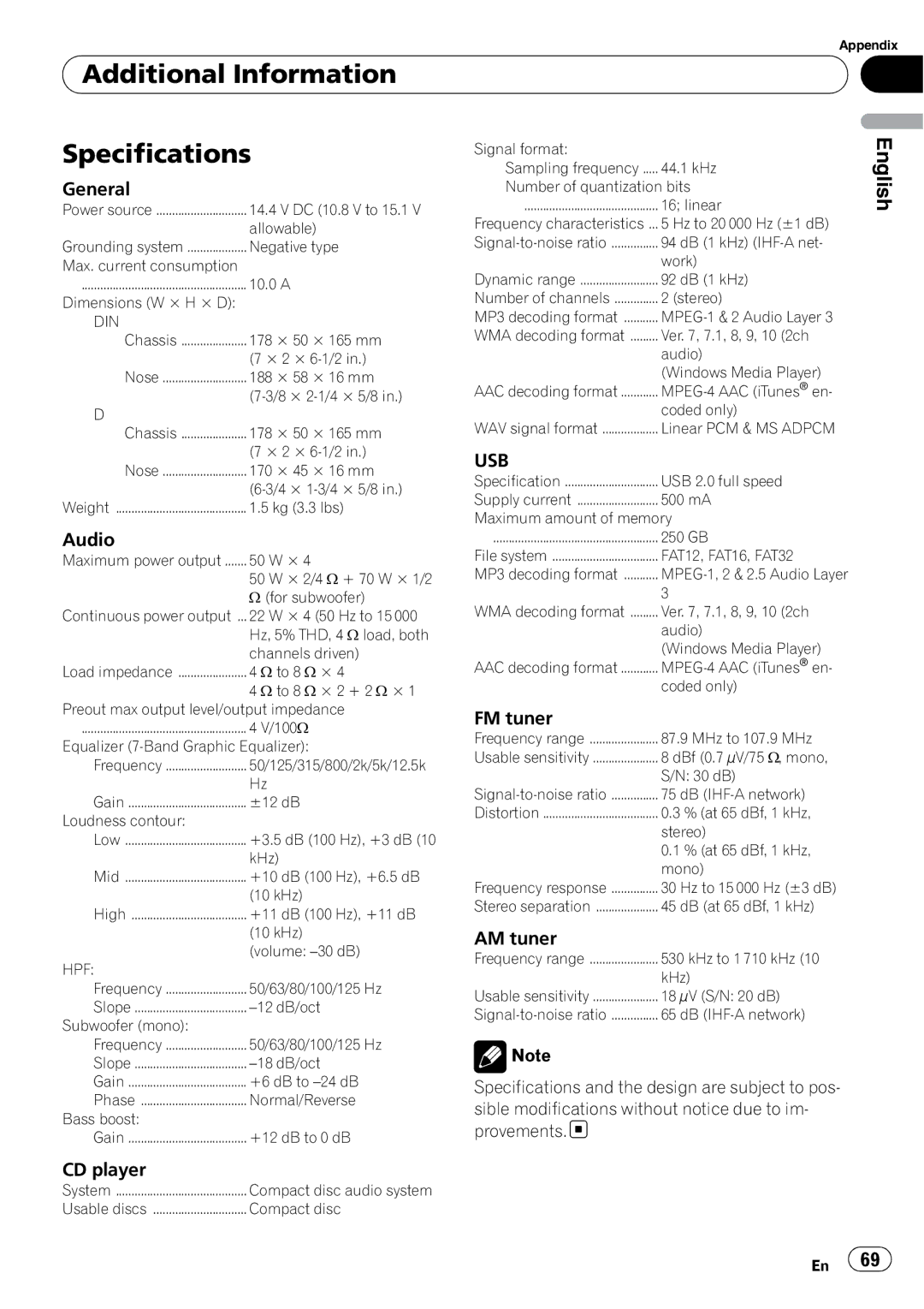 Pioneer DEH-P690UB operation manual Additional Information Specifications, Usb 