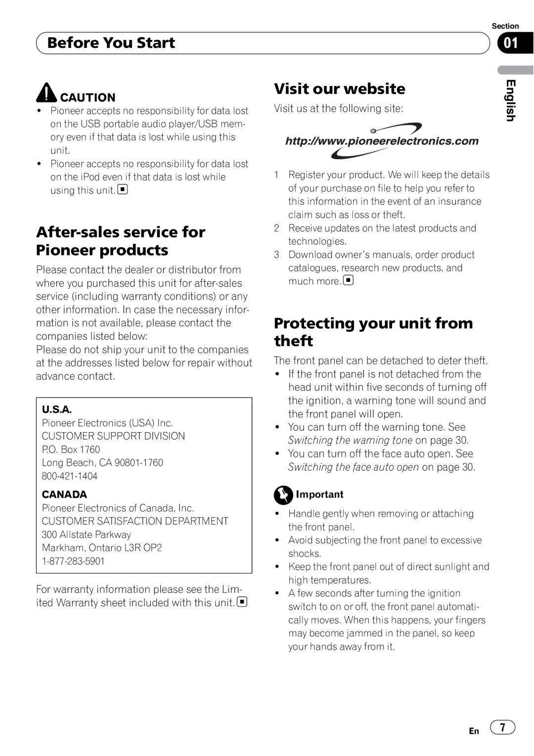 Pioneer DEH-P690UB operation manual Before You Start Visit our website, After-sales service for, Pioneer products, Theft 