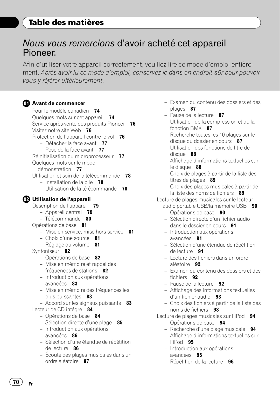 Pioneer DEH-P690UB operation manual Table des matières, Réinitialisation du microprocesseur, Sélection directe d’une plage 