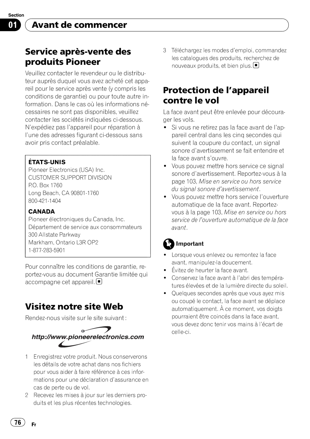 Pioneer DEH-P690UB Avant de commencer Service après-vente des, Produits Pioneer, Protection de l’appareil, Contre le vol 