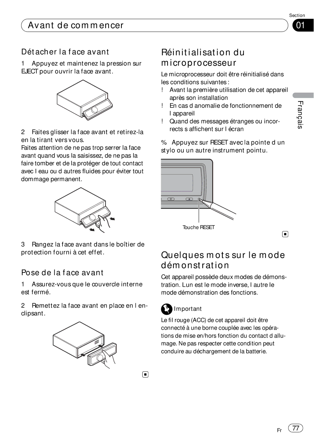 Pioneer DEH-P690UB Réinitialisation du microprocesseur, Quelques mots sur le mode démonstration, Détacher la face avant 