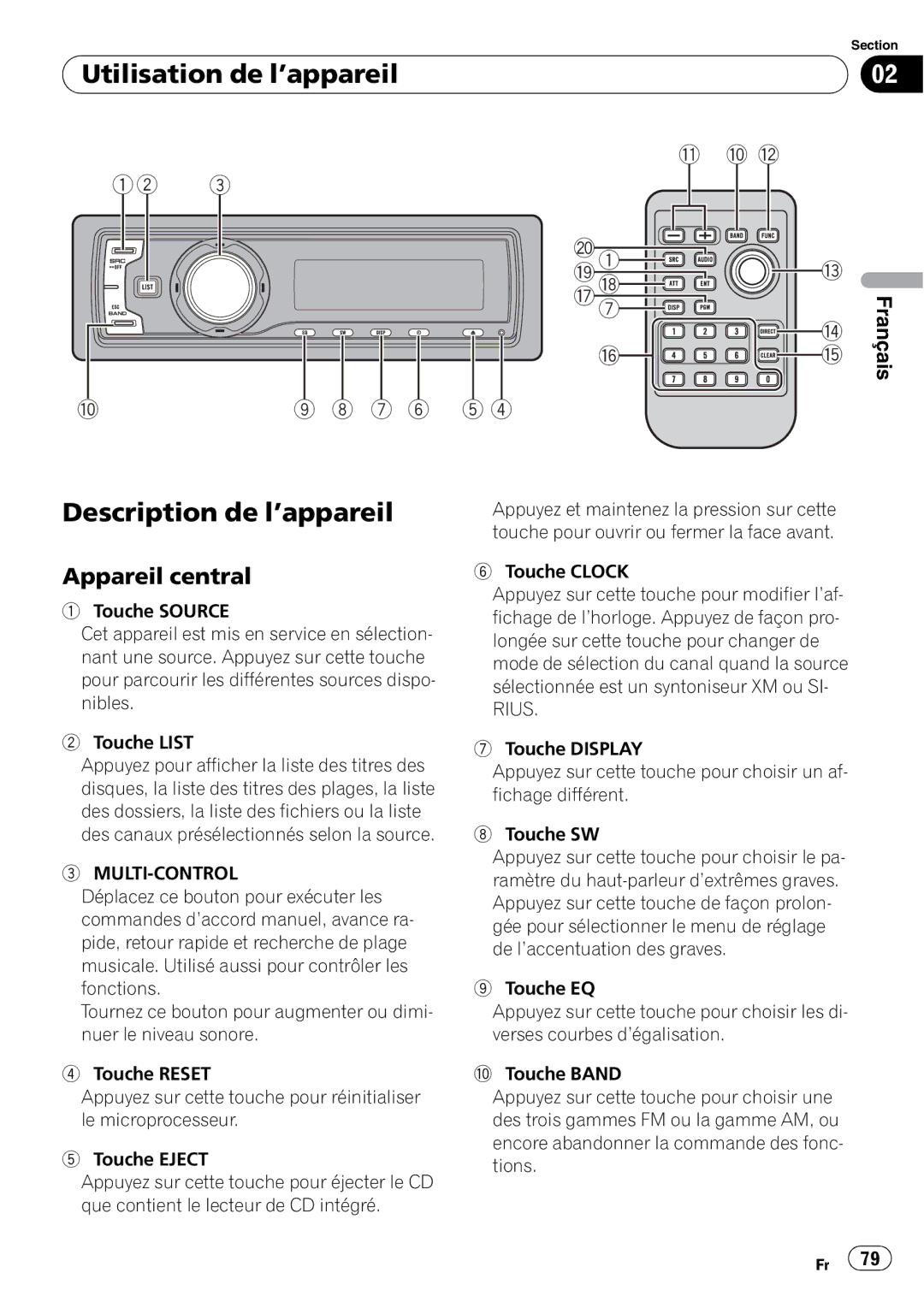 Pioneer DEH-P690UB operation manual Utilisation de l’appareil, Description de l’appareil, Appareil central 