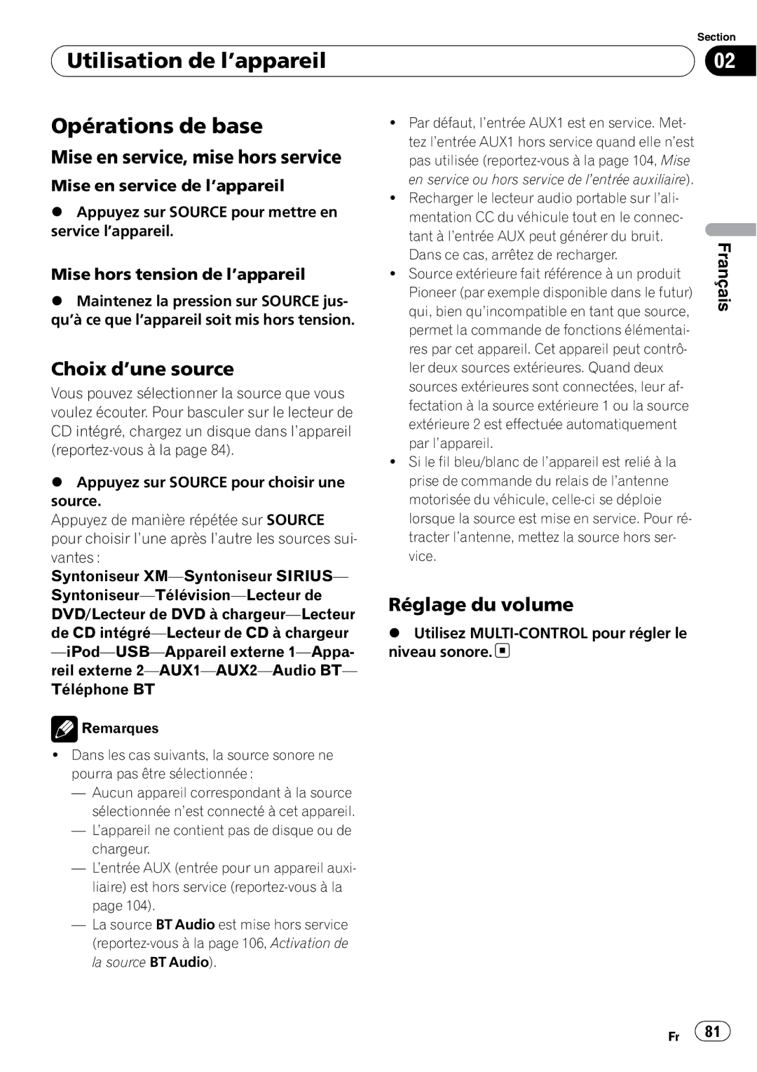 Pioneer DEH-P690UB Utilisation de l’appareil Opérations de base, Mise en service, mise hors service, Choix d’une source 