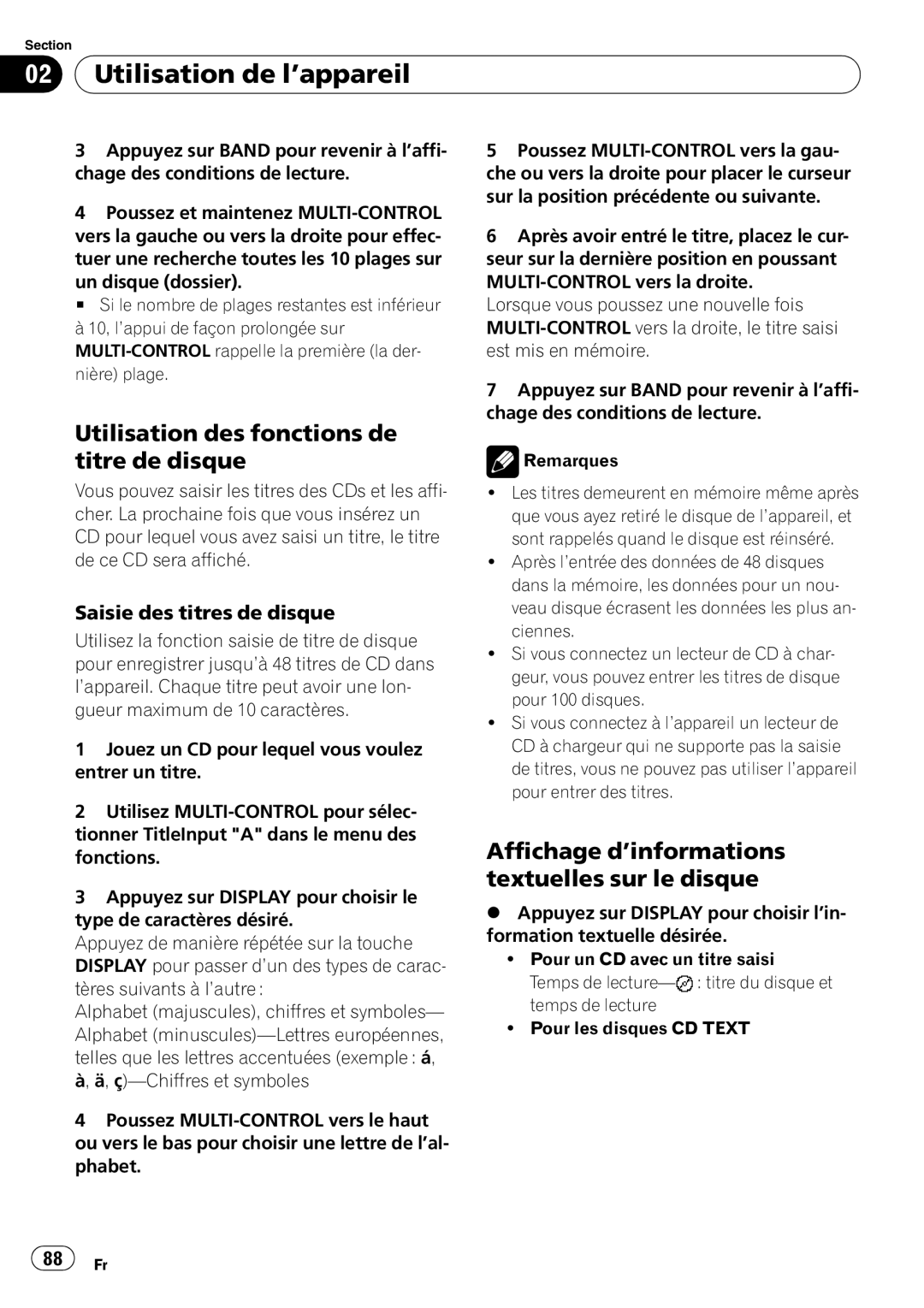 Pioneer DEH-P690UB Utilisation des fonctions de titre de disque, Affichage d’informations textuelles sur le disque 