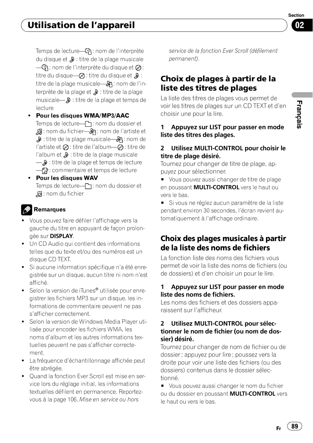 Pioneer DEH-P690UB operation manual Choix de plages à partir de la liste des titres de plages, Vers le bas 