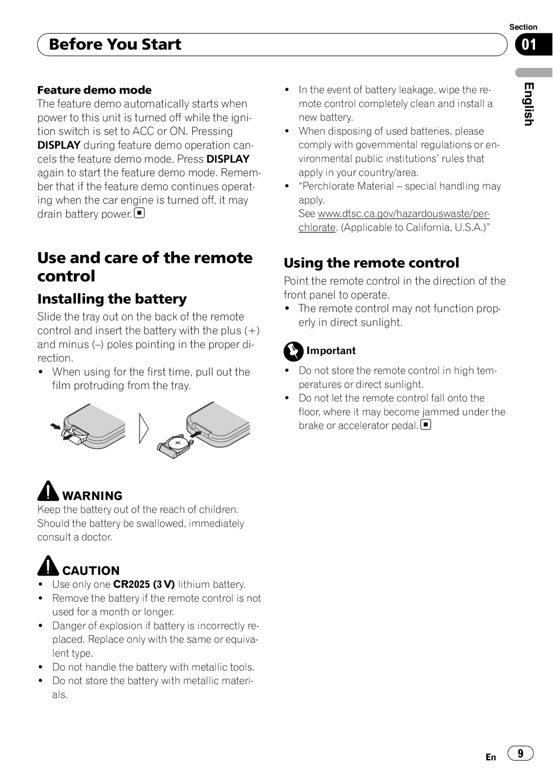 Pioneer DEH-P690UB operation manual Use and care of the remote control, Installing the battery, Using the remote control 