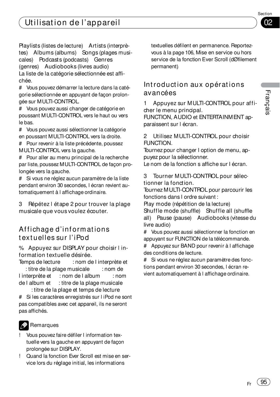 Pioneer DEH-P690UB operation manual Affichage d’informations textuelles sur l’iPod, Introduction aux opérations avancées 