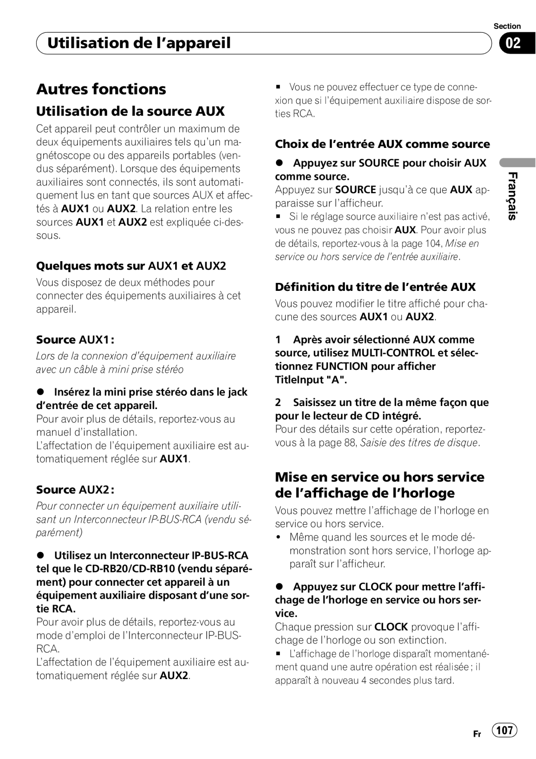 Pioneer DEH-P690UB Autres fonctions, Utilisation de la source AUX, Quelques mots sur AUX1 et AUX2, Source AUX1, Français 