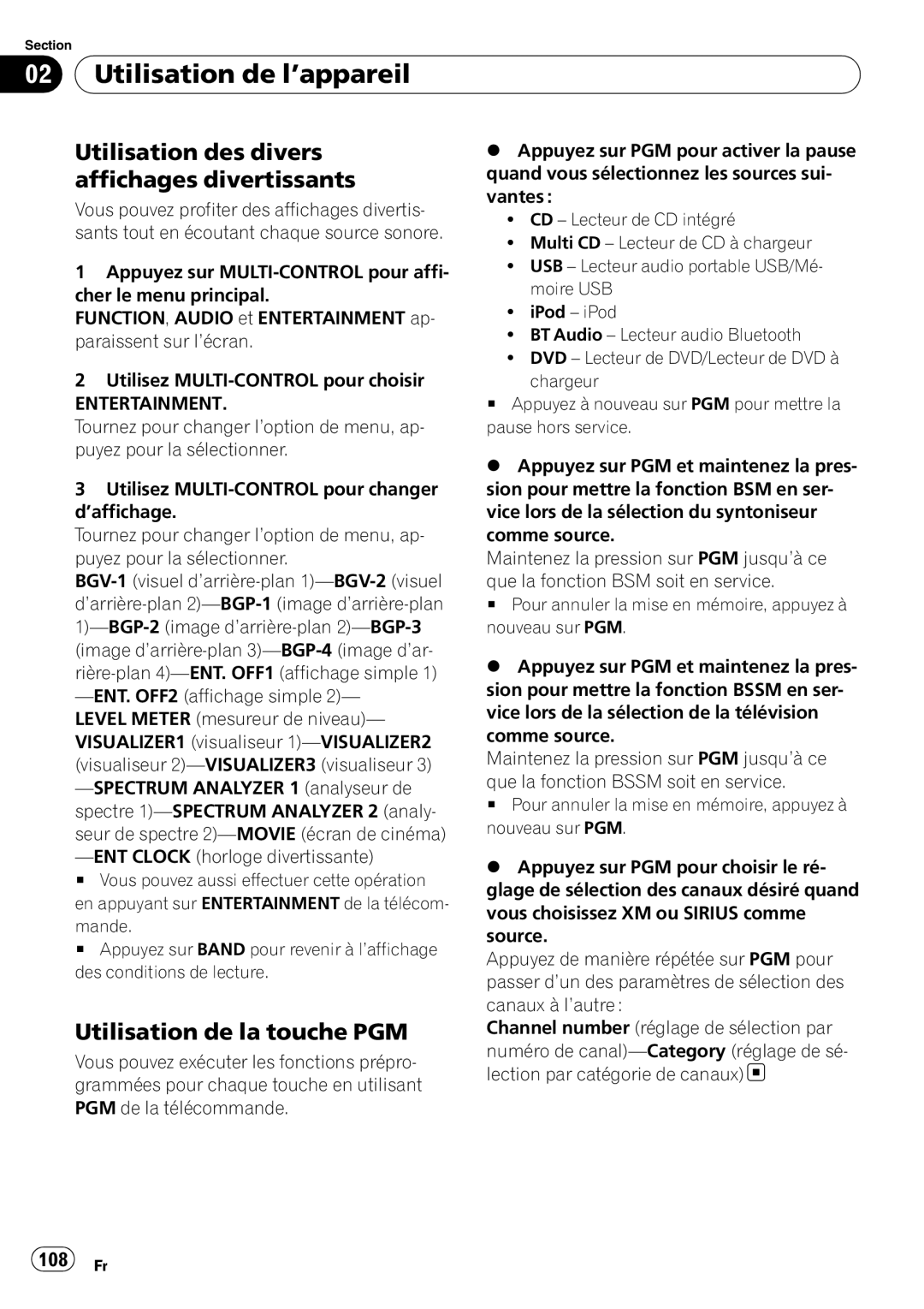 Pioneer DEH-P690UB operation manual Utilisation des divers affichages divertissants, Utilisation de la touche PGM, 108 Fr 