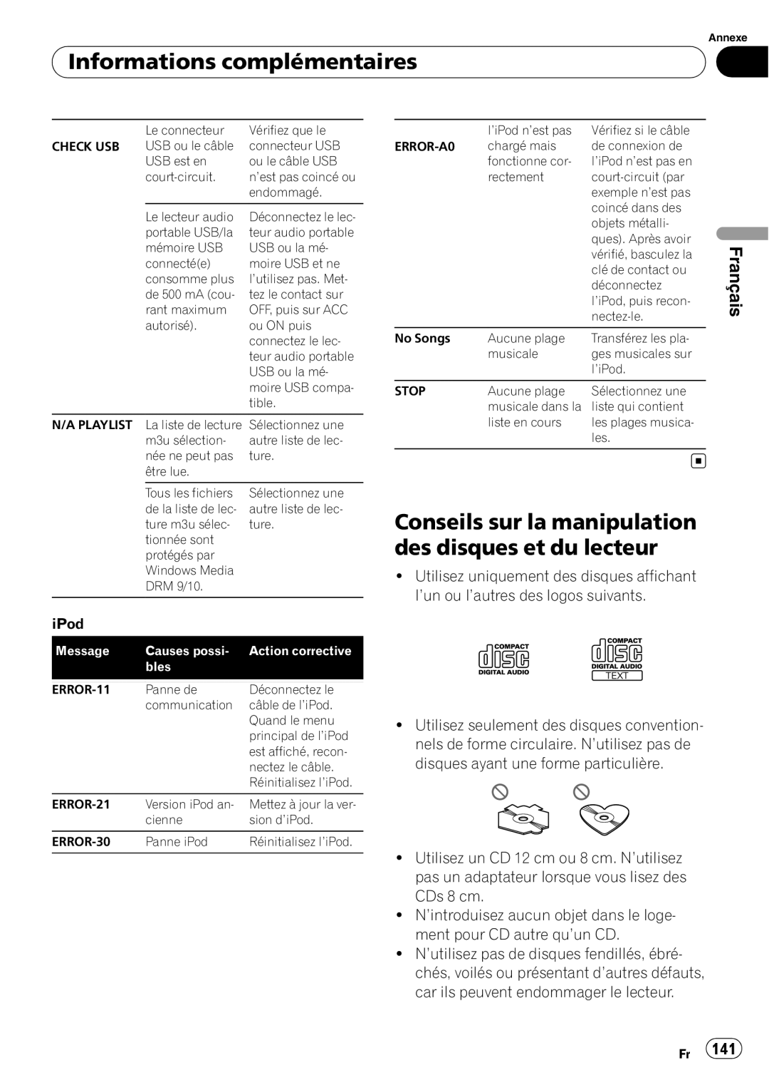 Pioneer DEH-P690UB operation manual Informations complémentaires, Français 