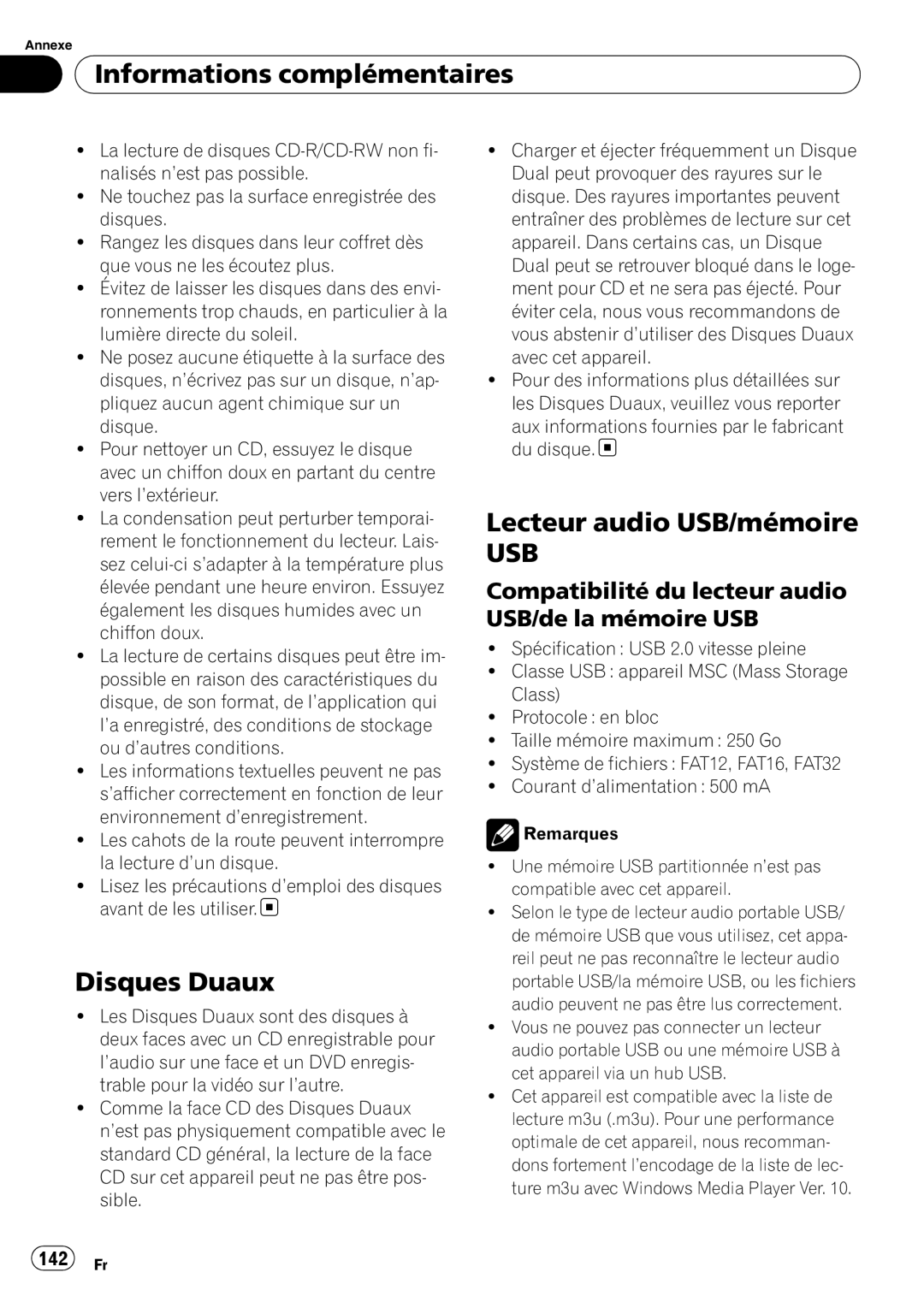 Pioneer DEH-P690UB operation manual Disques Duaux, Lecteur audio USB/mémoire USB, 142 Fr, Informations complémentaires 