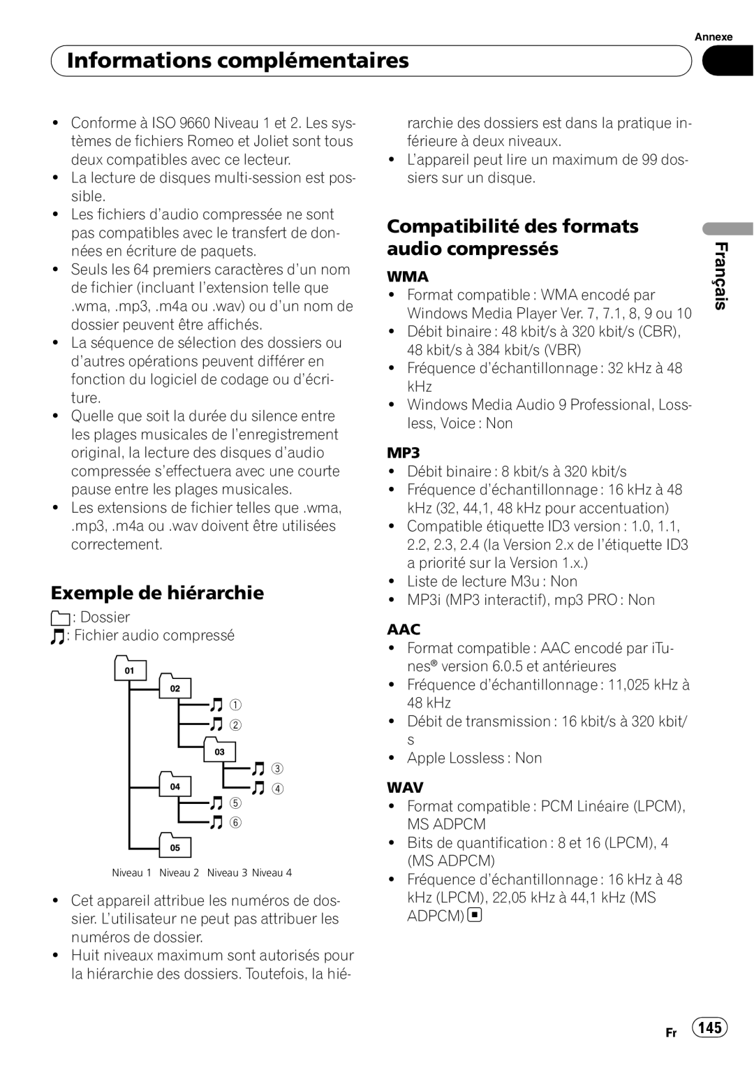 Pioneer DEH-P690UB Exemple de hiérarchie, Informations complémentaires, Compatibilité des formats audio compressés 