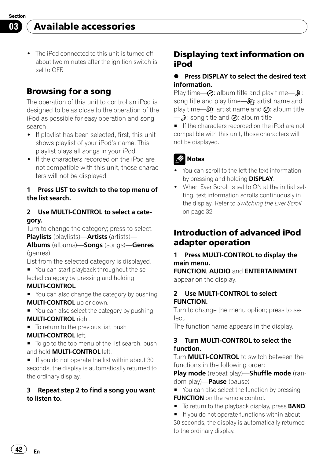 Pioneer DEH-P690UB Introduction of advanced iPod adapter operation, 03Available accessories, Browsing for a song 