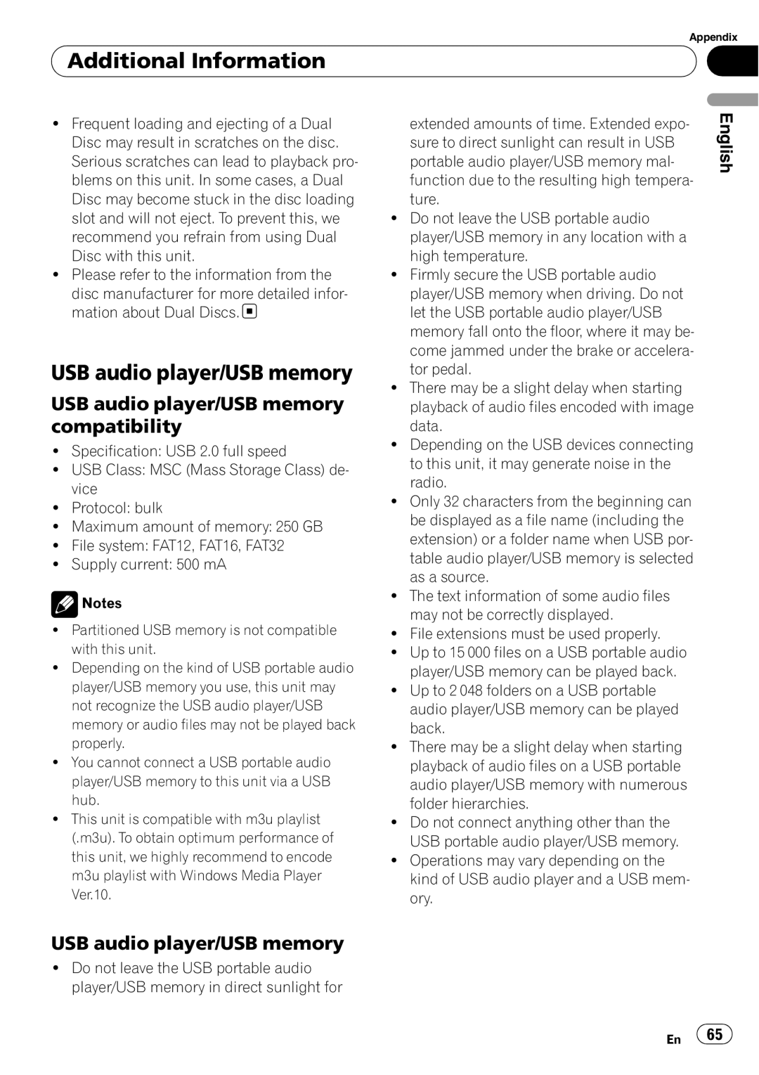 Pioneer DEH-P690UB operation manual USB audio player/USB memory compatibility, Additional Information, English 