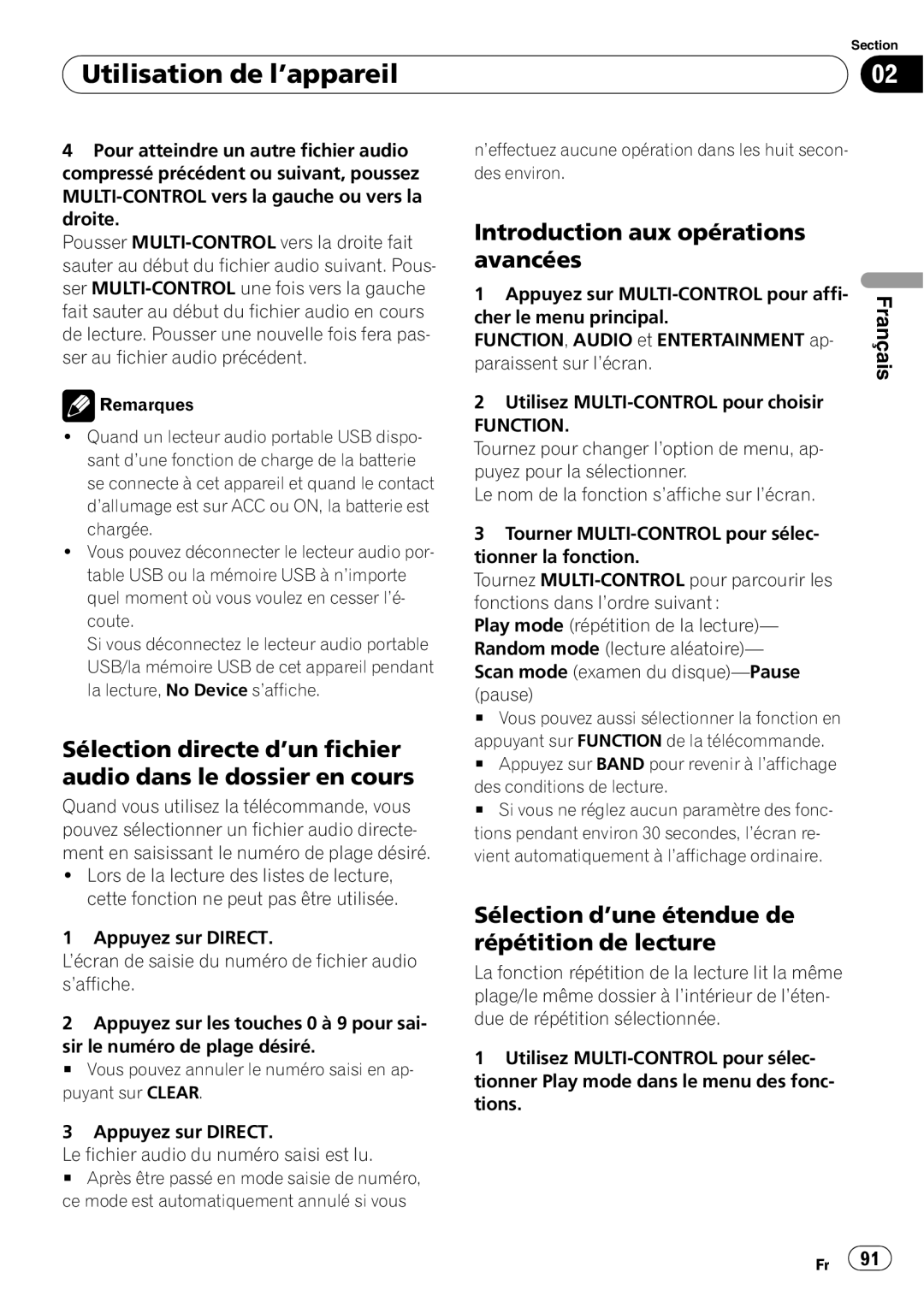 Pioneer DEH-P690UB operation manual Utilisation de l’appareil, Introduction aux opérations avancées, Français 