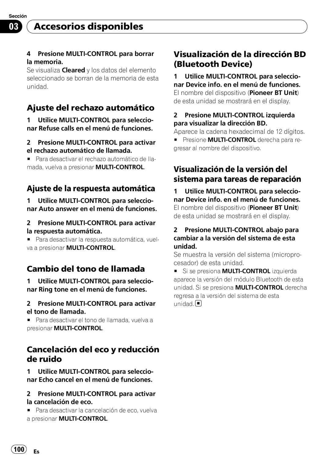 Pioneer DEH-P6950IB Ajuste del rechazo automático, Ajuste de la respuesta automática, Cambio del tono de llamada, 100 Es 