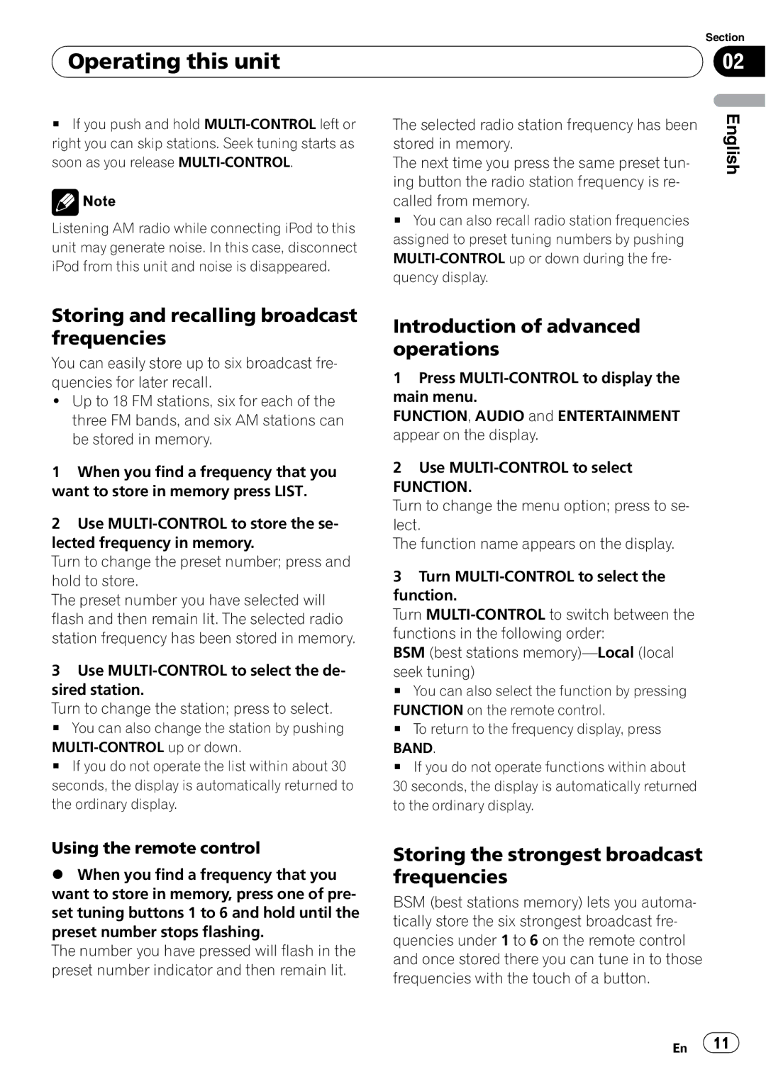 Pioneer DEH-P6950IB operation manual Storing and recalling broadcast frequencies, Introduction of advanced operations 