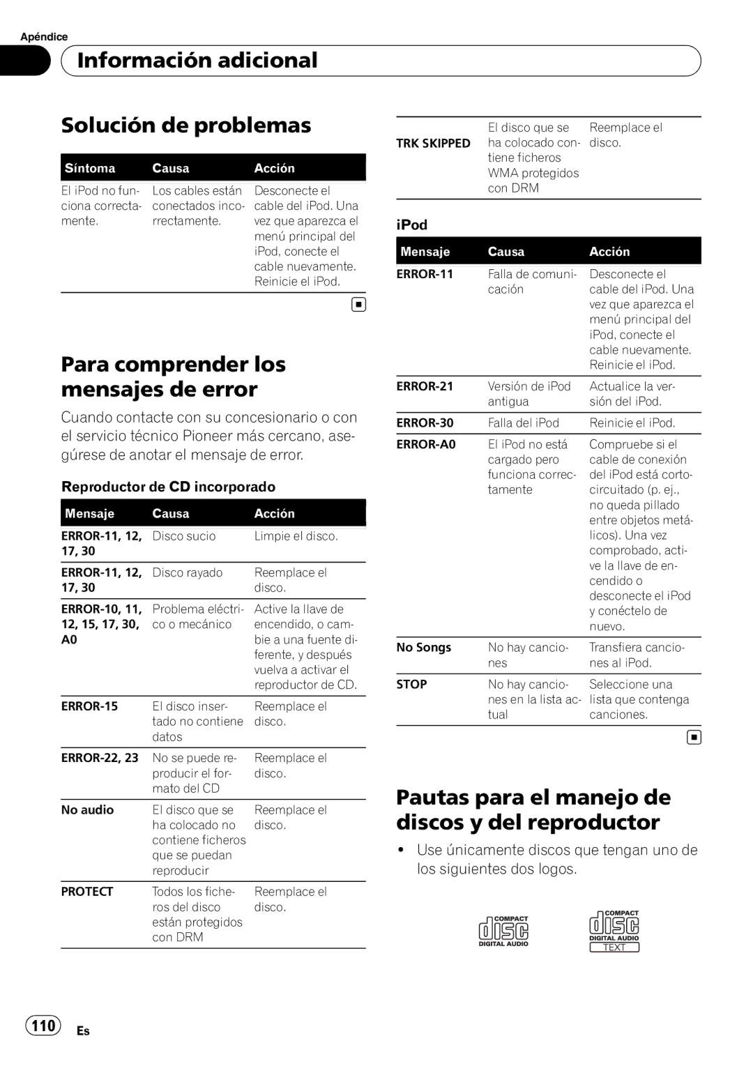 Pioneer DEH-P6950IB Información adicional Solución de problemas, Para comprender los, Mensajes de error, 110 Es 