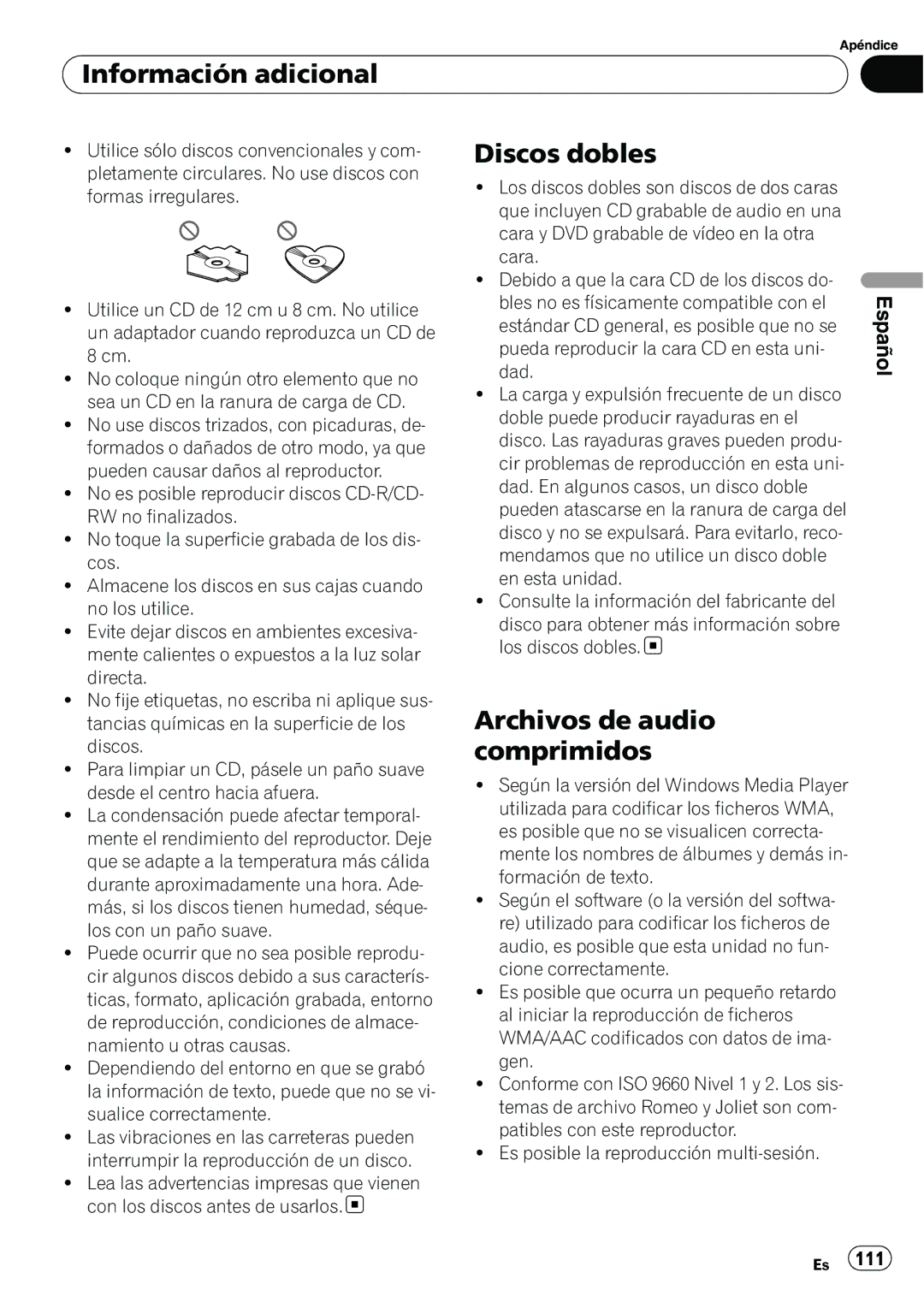 Pioneer DEH-P6950IB operation manual Información adicional, Discos dobles, Archivos de audio comprimidos 