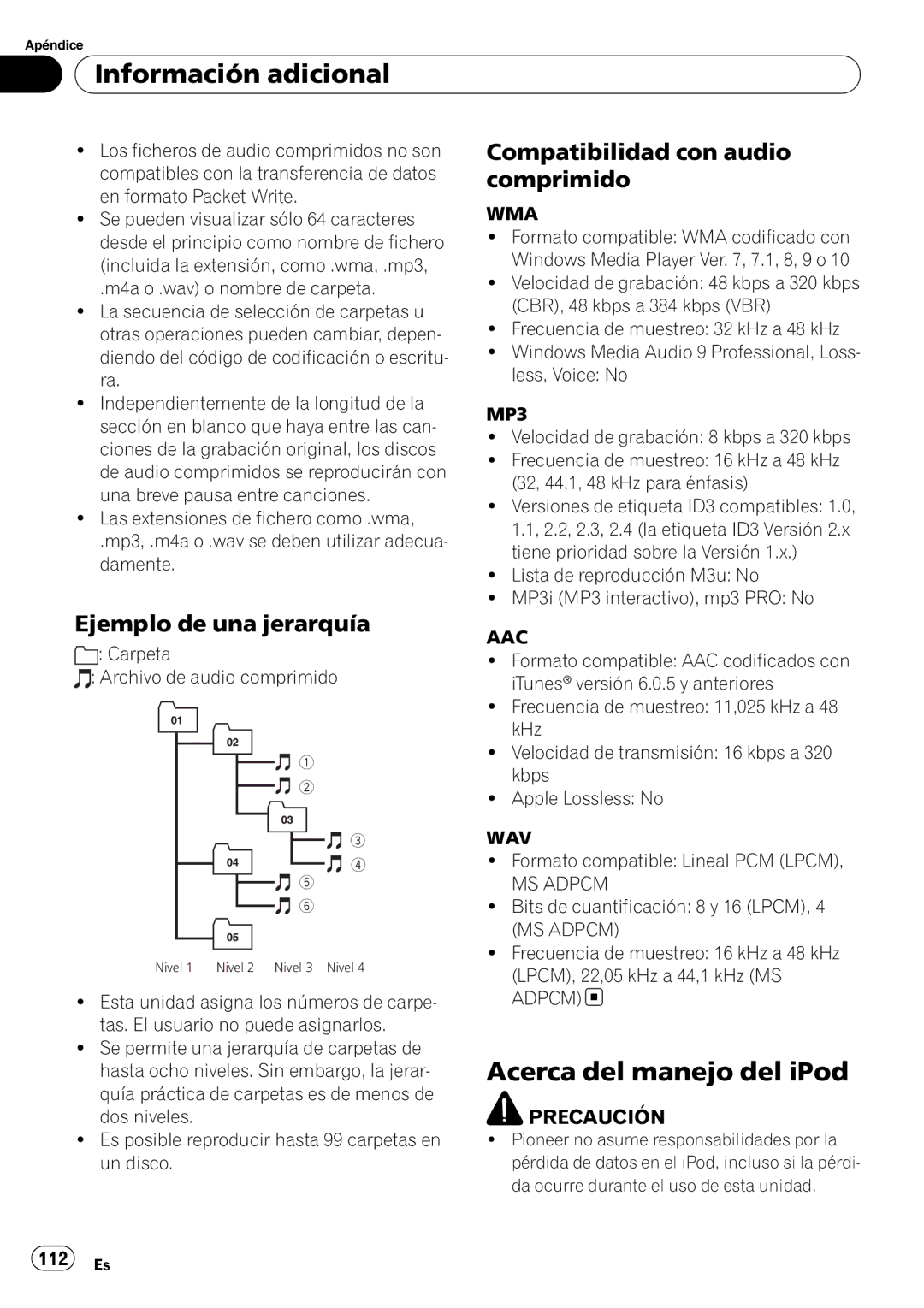 Pioneer DEH-P6950IB Acerca del manejo del iPod, Compatibilidad con audio comprimido, Ejemplo de una jerarquía, 112 Es 