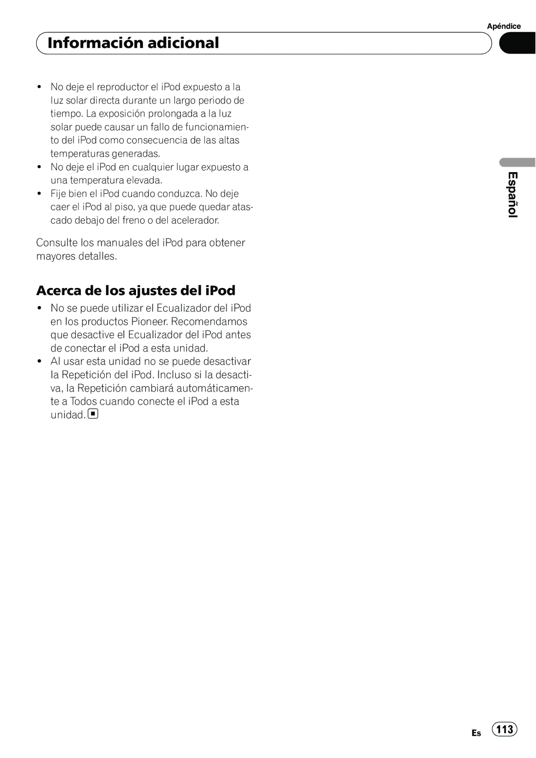 Pioneer DEH-P6950IB operation manual Acerca de los ajustes del iPod 