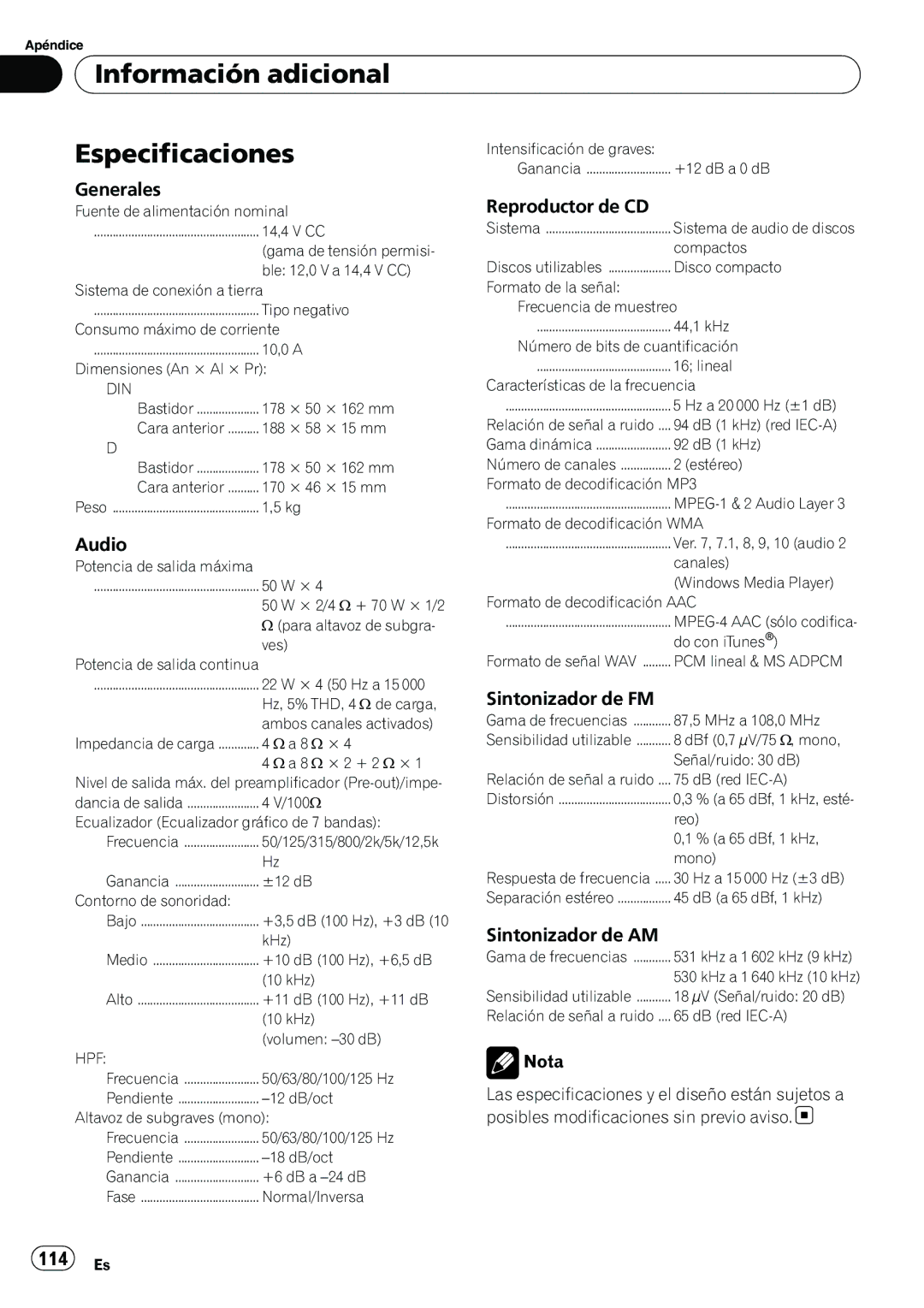 Pioneer DEH-P6950IB operation manual Información adicional Especificaciones, 114 Es 