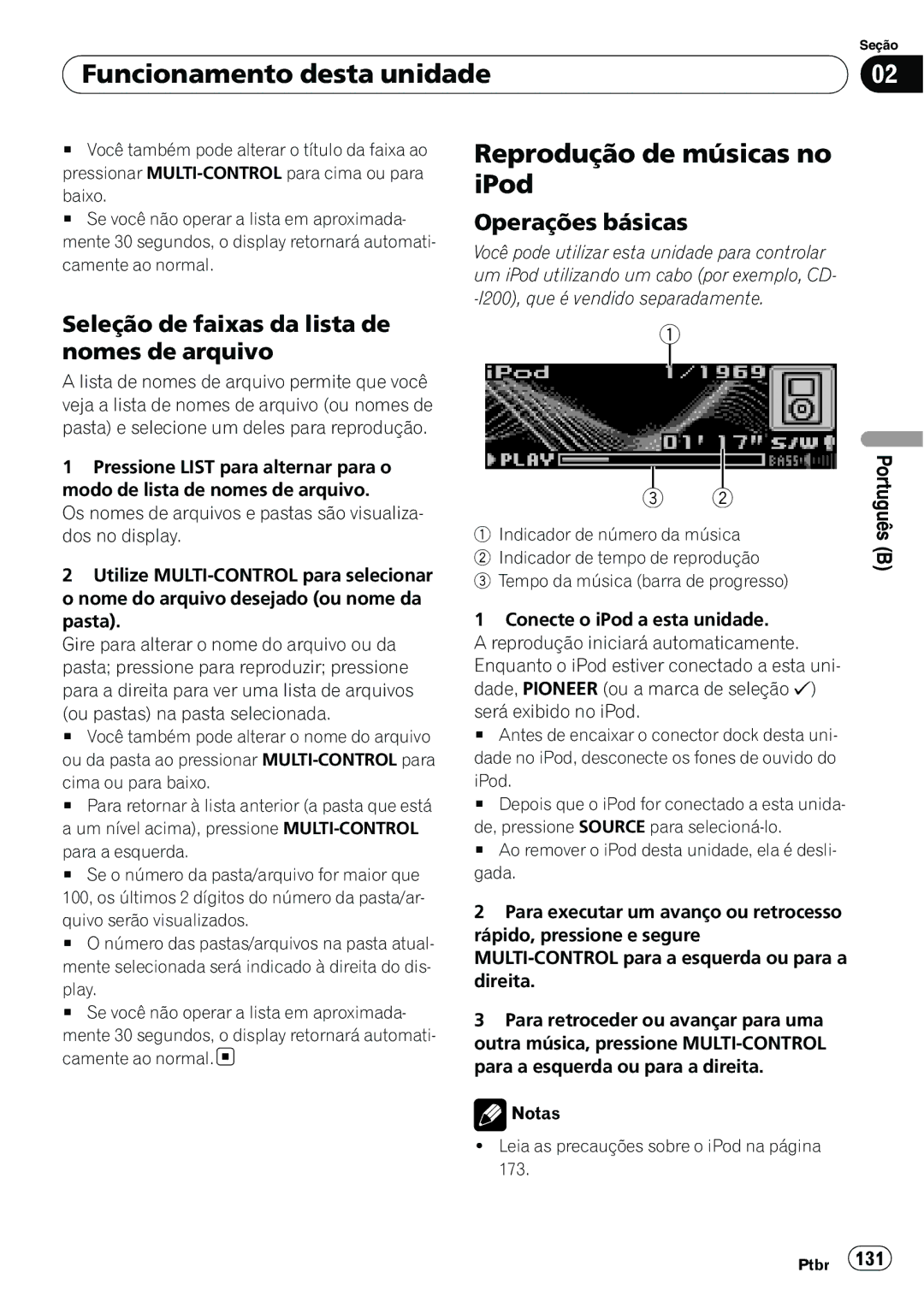 Pioneer DEH-P6950IB operation manual Reprodução de músicas no iPod, Seleção de faixas da lista de nomes de arquivo 