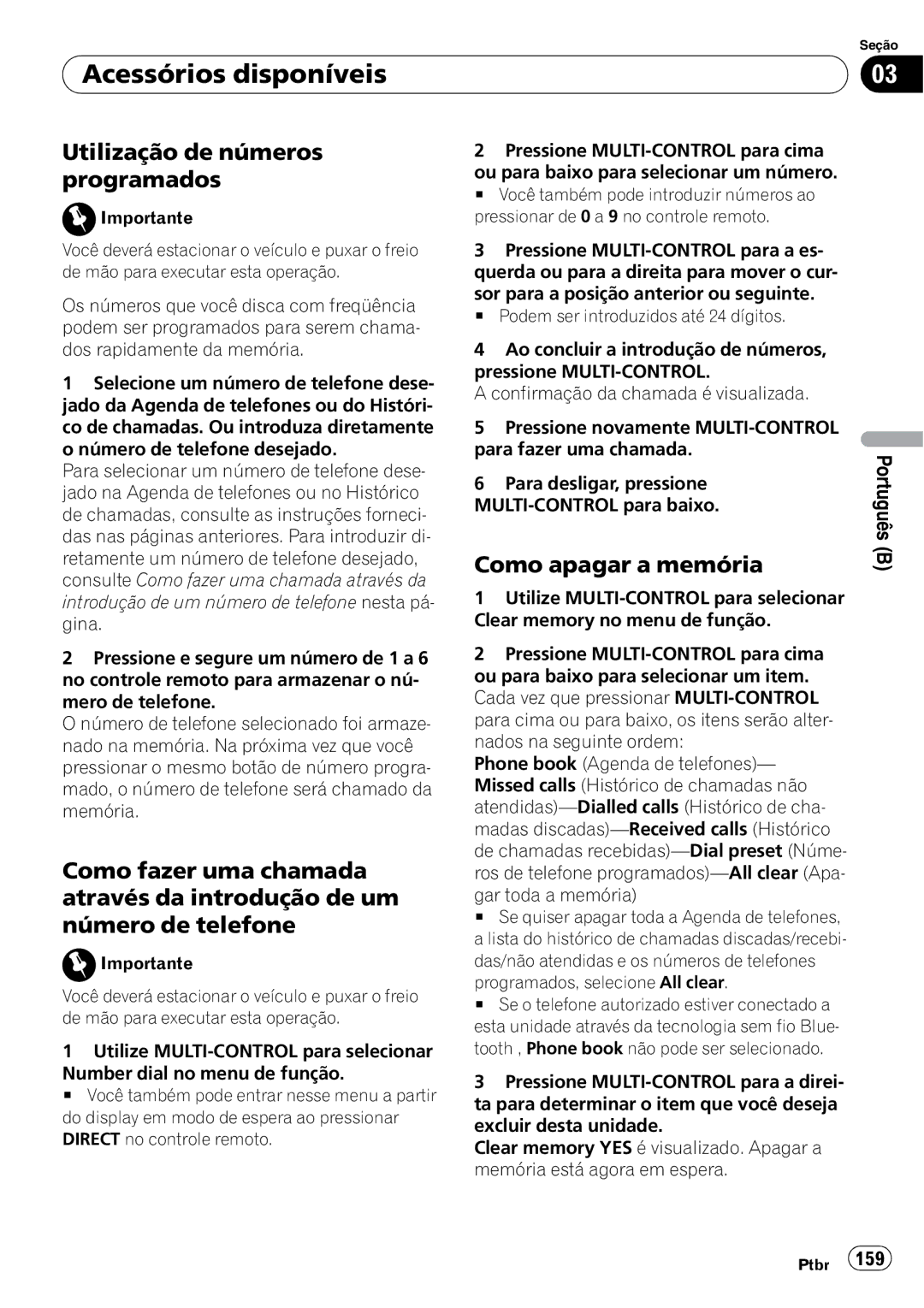 Pioneer DEH-P6950IB Utilização de números programados, Como apagar a memória, Programados, selecione All clear 