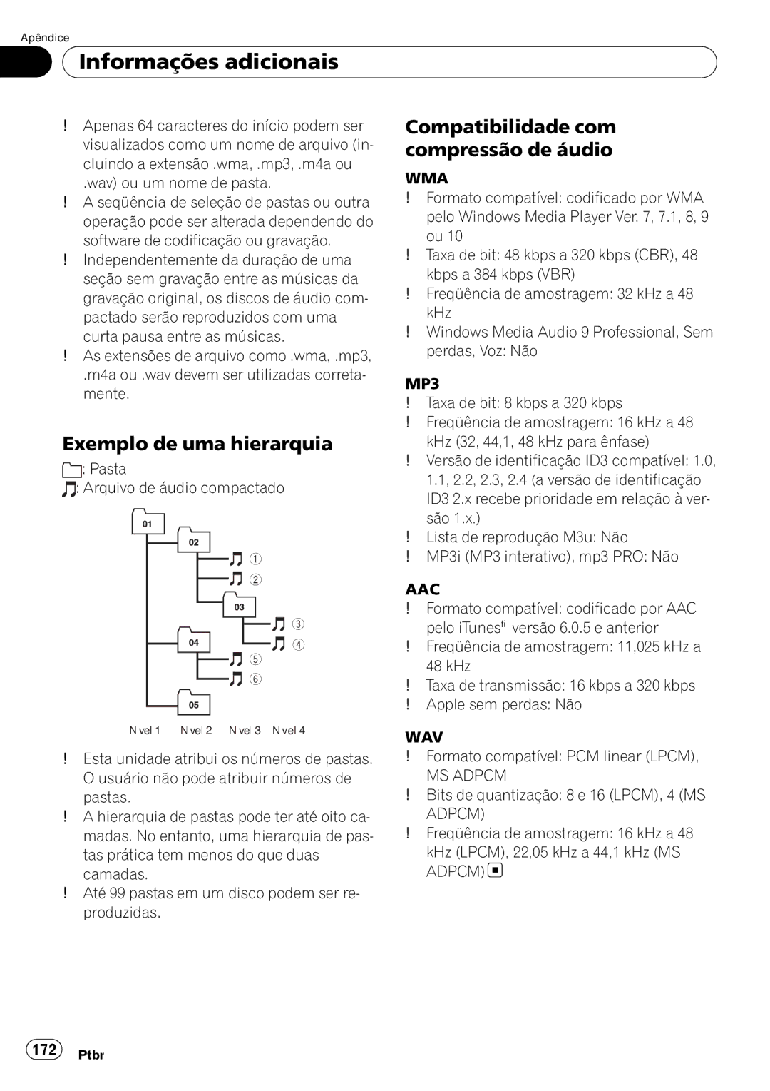 Pioneer DEH-P6950IB Exemplo de uma hierarquia, Compatibilidade com compressão de áudio, Pasta Arquivo de áudio compactado 