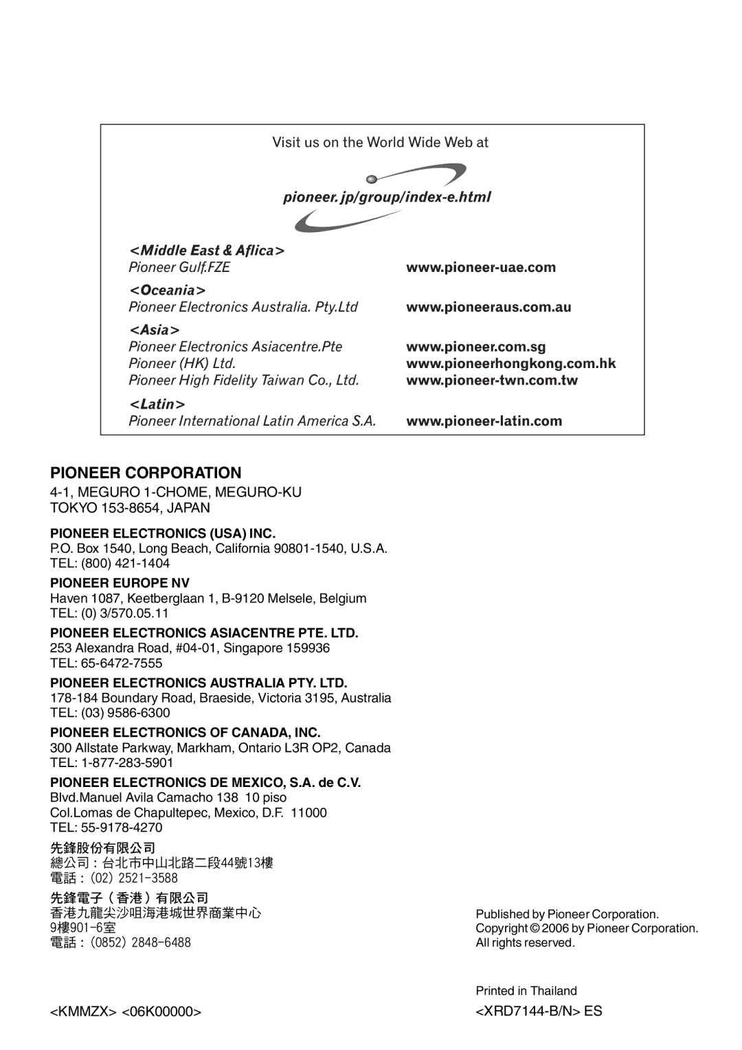 Pioneer DEH-P6950IB operation manual Pioneer Corporation, Kmmzx 06K00000 XRD7144-B/N ES 