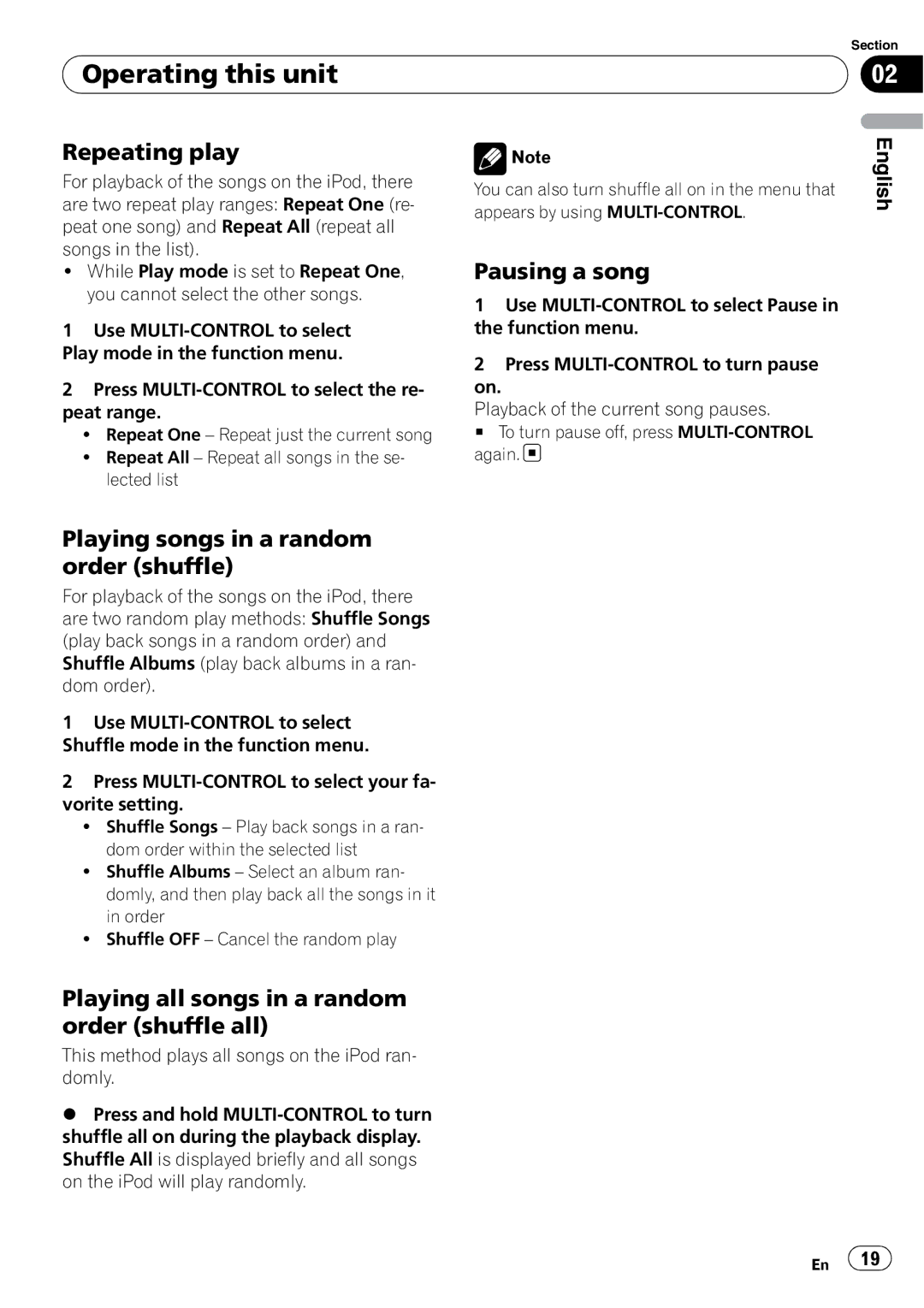 Pioneer DEH-P6950IB operation manual Repeating play, Pausing a song, Playing songs in a random order shuffle 