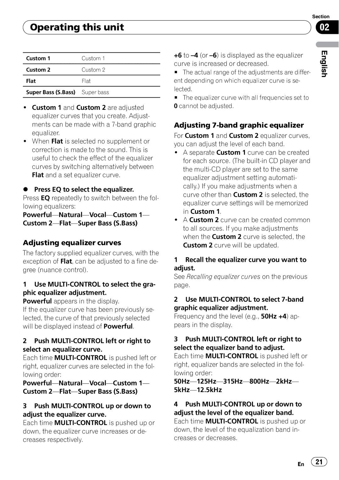 Pioneer DEH-P6950IB operation manual Adjusting equalizer curves, Adjusting 7-band graphic equalizer 