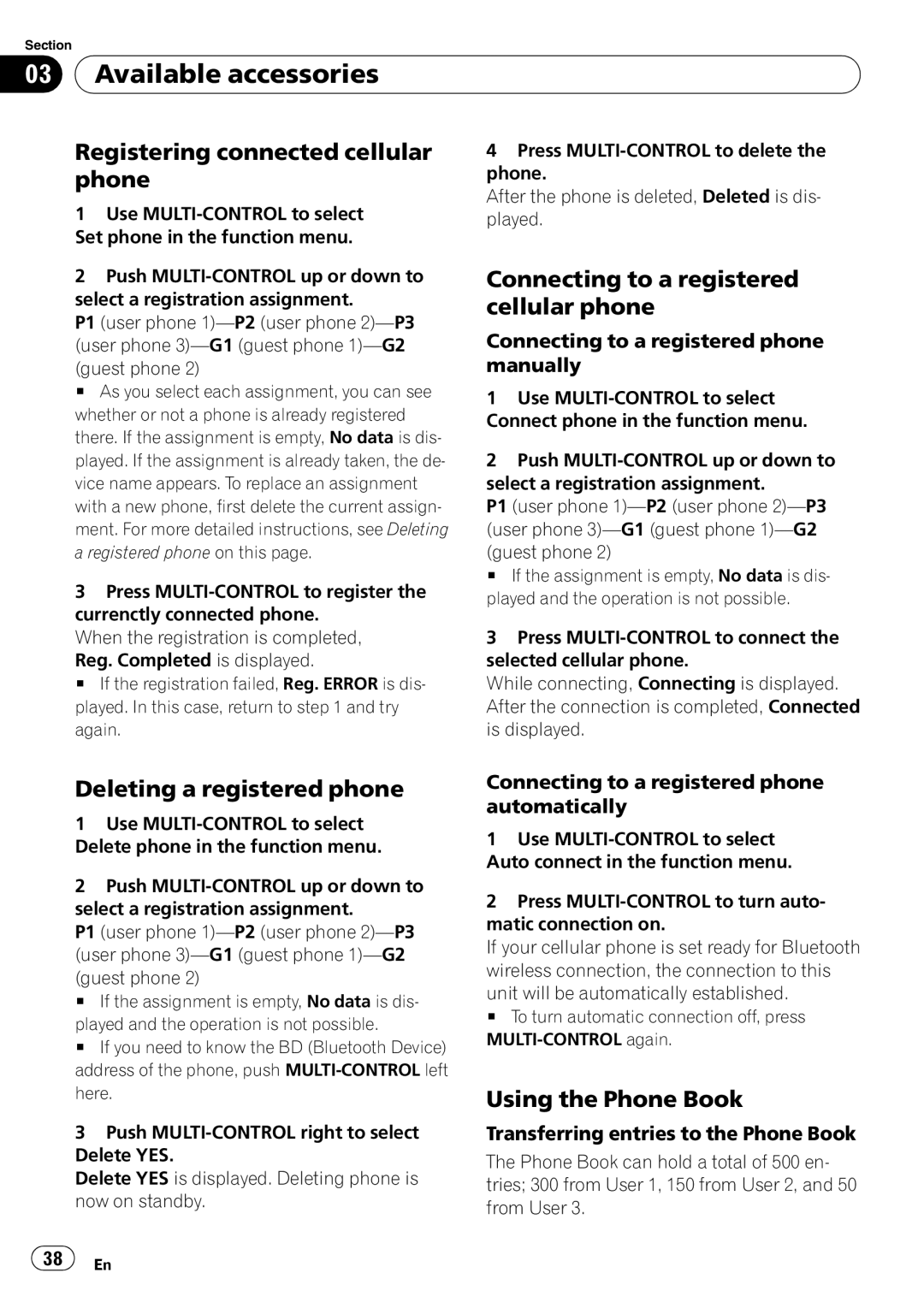 Pioneer DEH-P6950IB Registering connected cellular phone, Connecting to a registered cellular phone, Using the Phone Book 