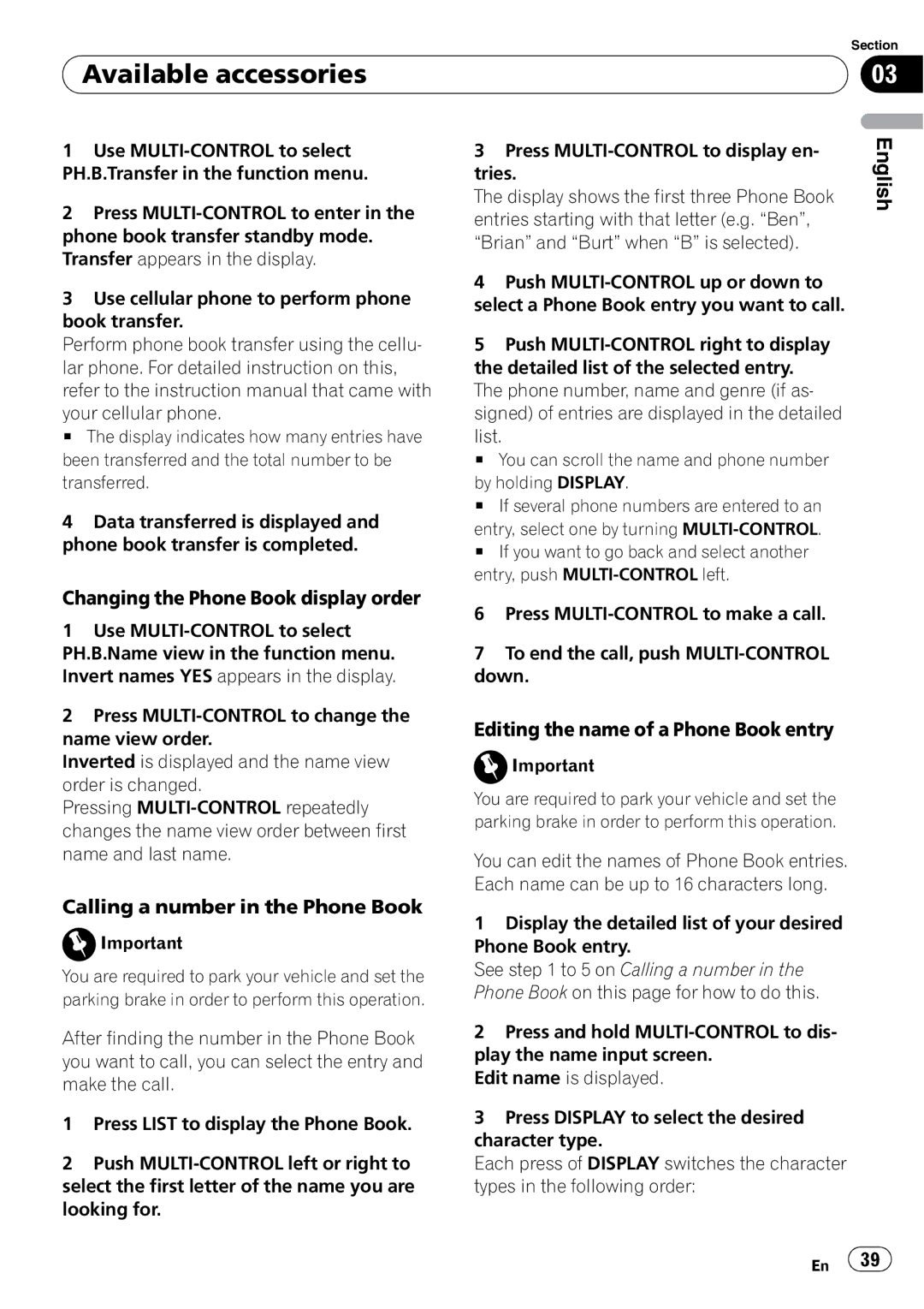 Pioneer DEH-P6950IB operation manual Changing the Phone Book display order, Calling a number in the Phone Book 