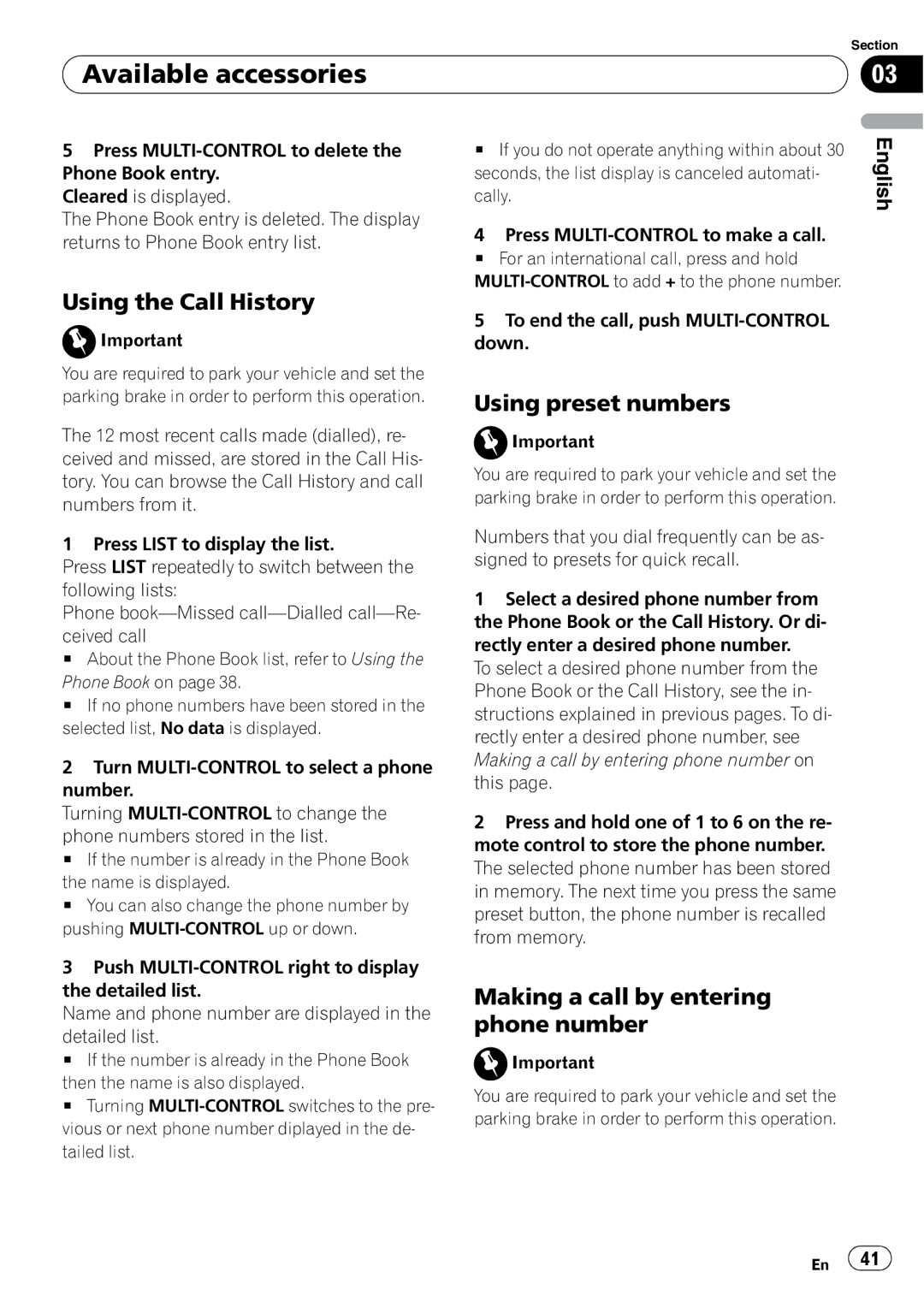 Pioneer DEH-P6950IB operation manual Using the Call History, Using preset numbers, Making a call by entering phone number 