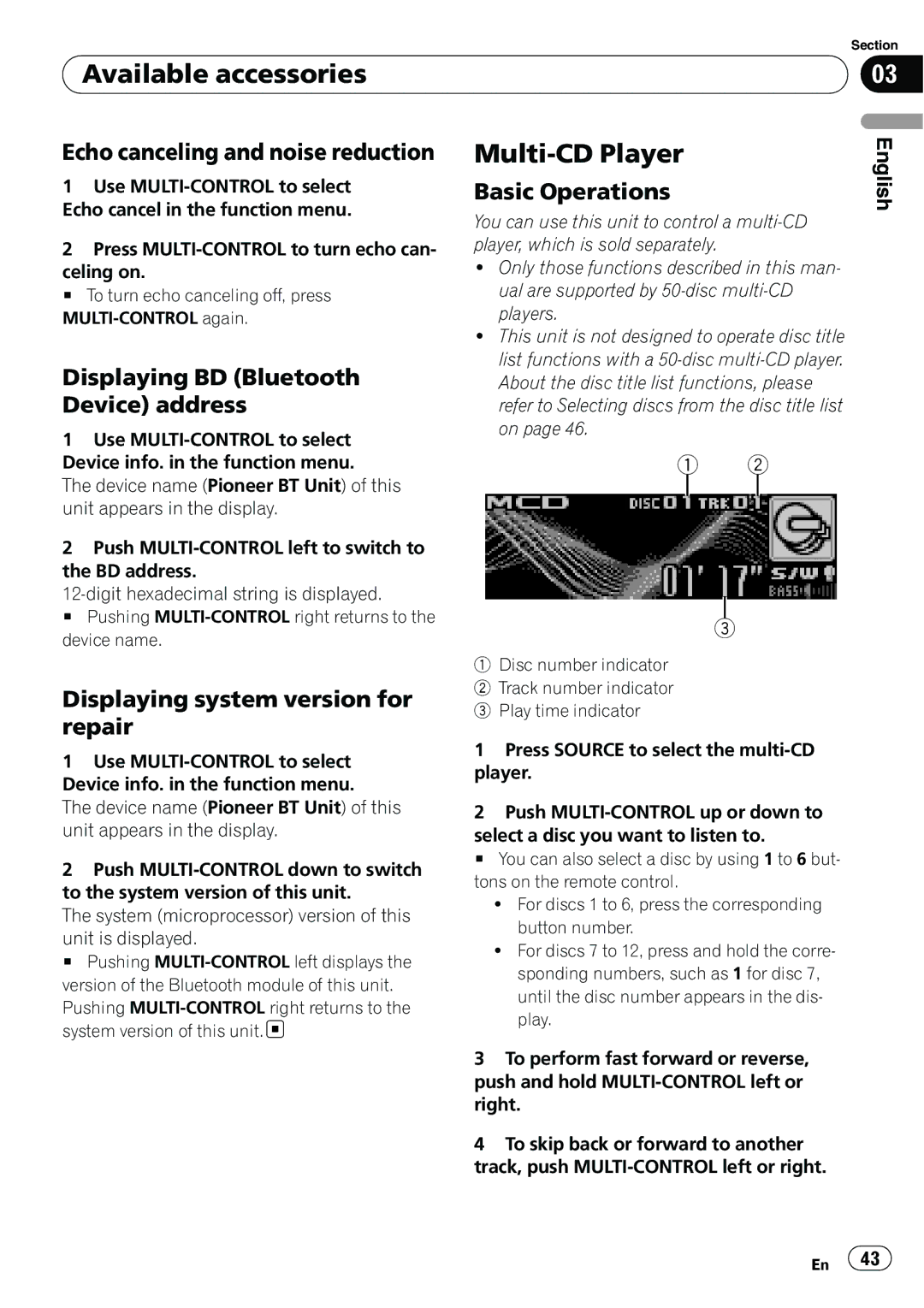 Pioneer DEH-P6950IB Multi-CD Player, Echo canceling and noise reduction, Displaying BD Bluetooth, Device address 