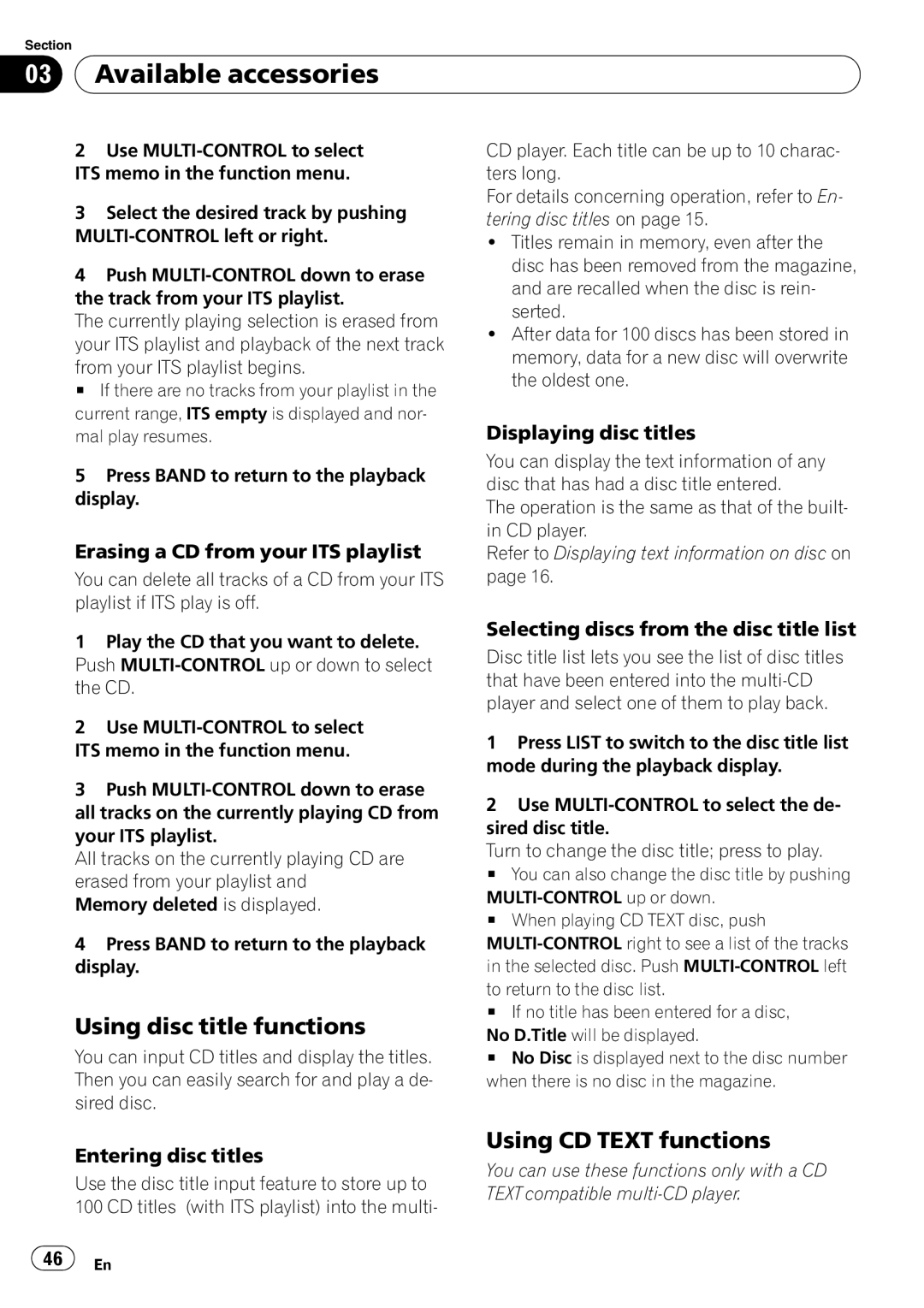 Pioneer DEH-P6950IB operation manual Using CD Text functions, Erasing a CD from your ITS playlist, Displaying disc titles 