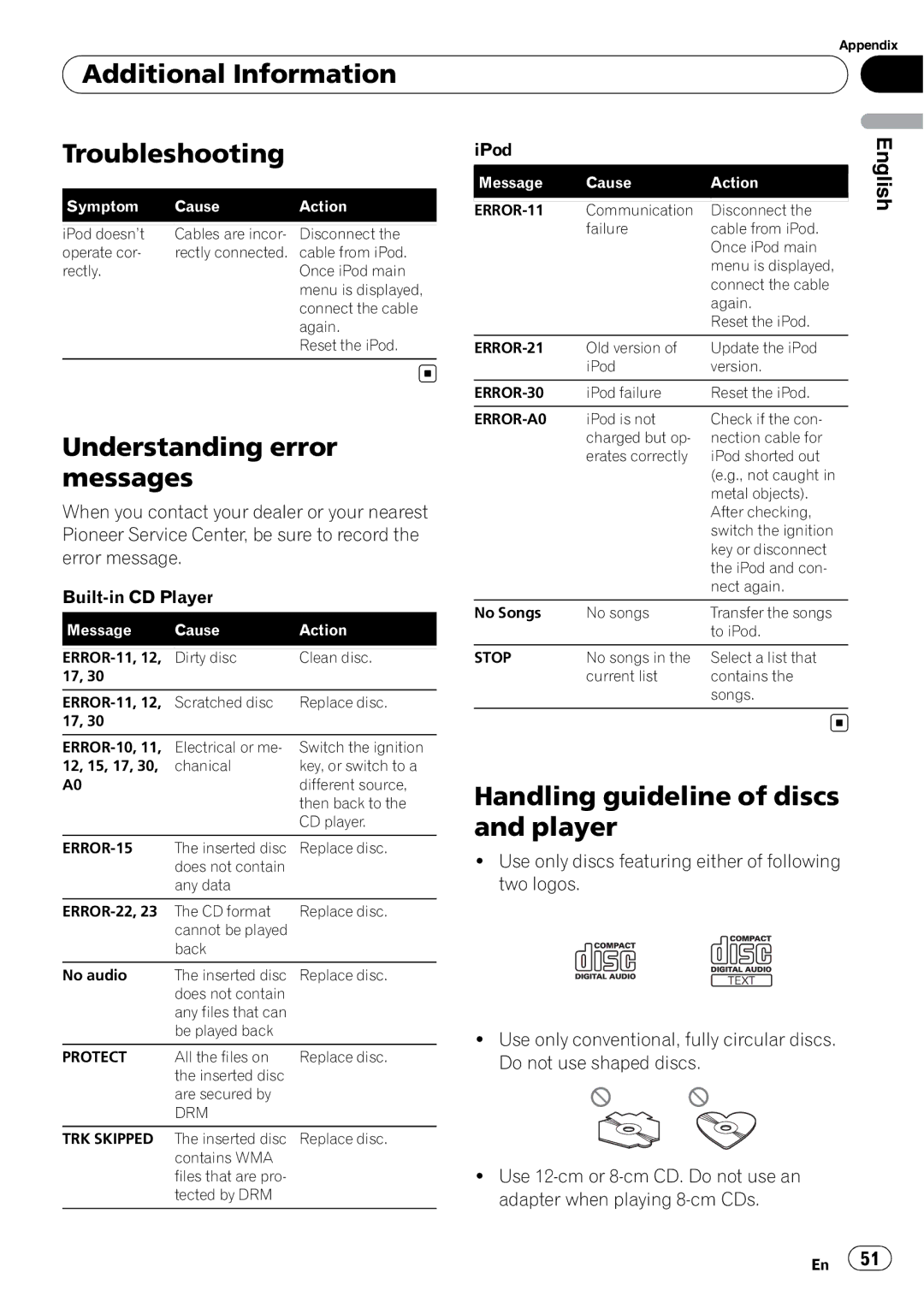 Pioneer DEH-P6950IB operation manual Additional Information TroubleshootingiPod, Understanding error messages 