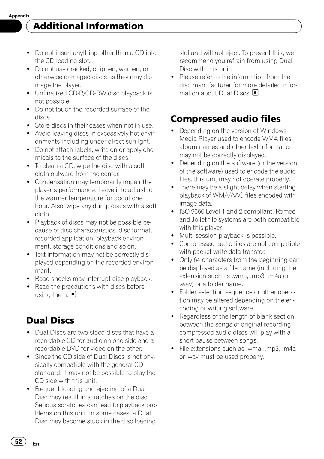 Pioneer DEH-P6950IB operation manual Additional Information, Dual Discs, Compressed audio files 