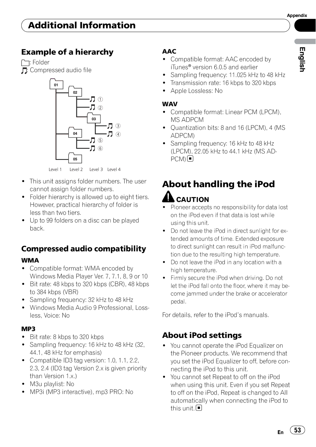 Pioneer DEH-P6950IB About handling the iPod, Example of a hierarchy, Compressed audio compatibility, About iPod settings 