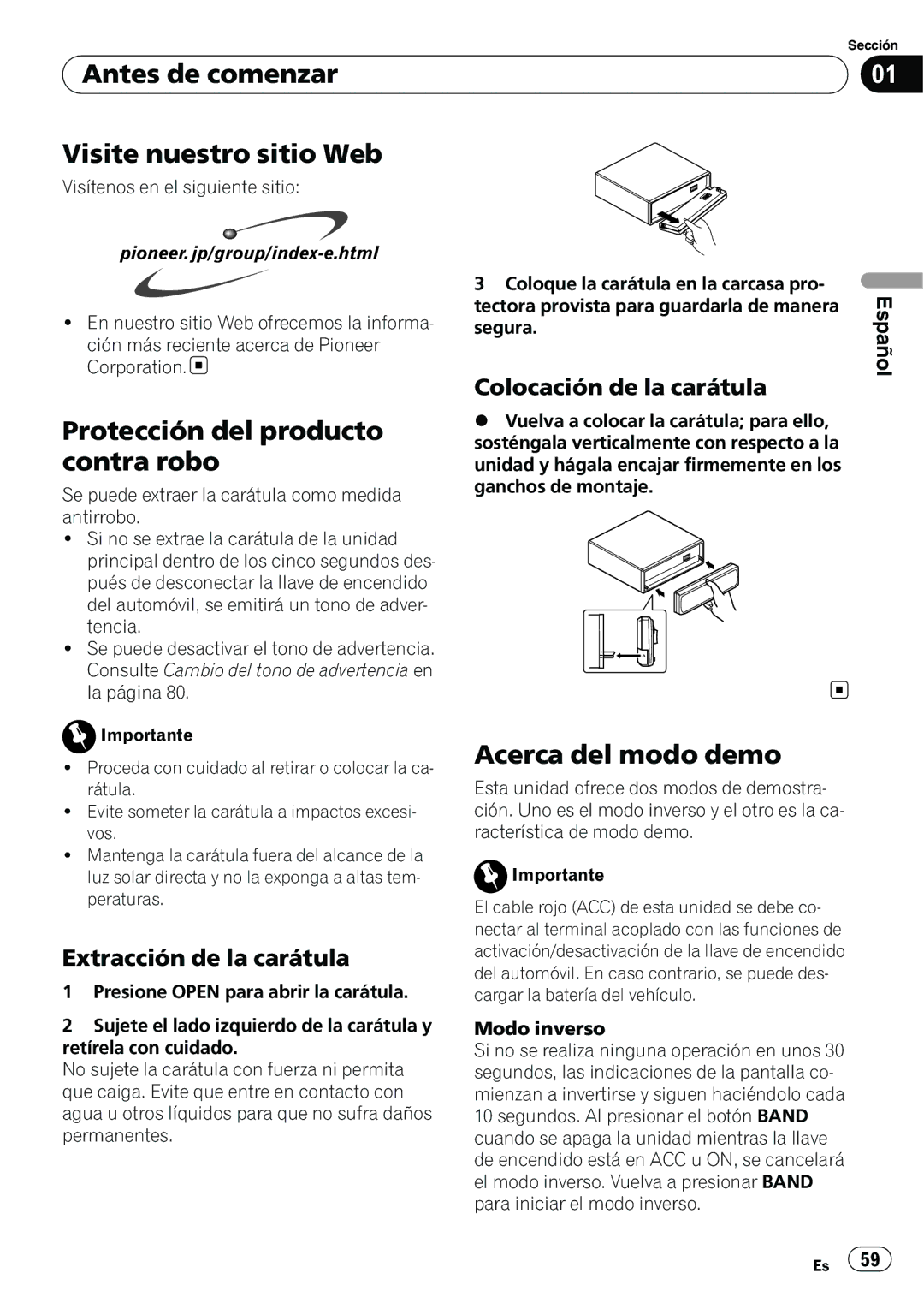 Pioneer DEH-P6950IB Antes de comenzar Visite nuestro sitio Web, Protección del producto contra robo, Acerca del modo demo 