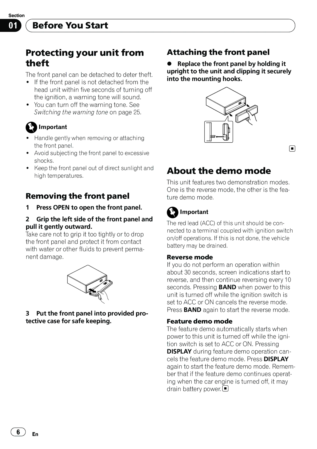 Pioneer DEH-P6950IB Before You Start Protecting your unit from, Theft, About the demo mode, Attaching the front panel 