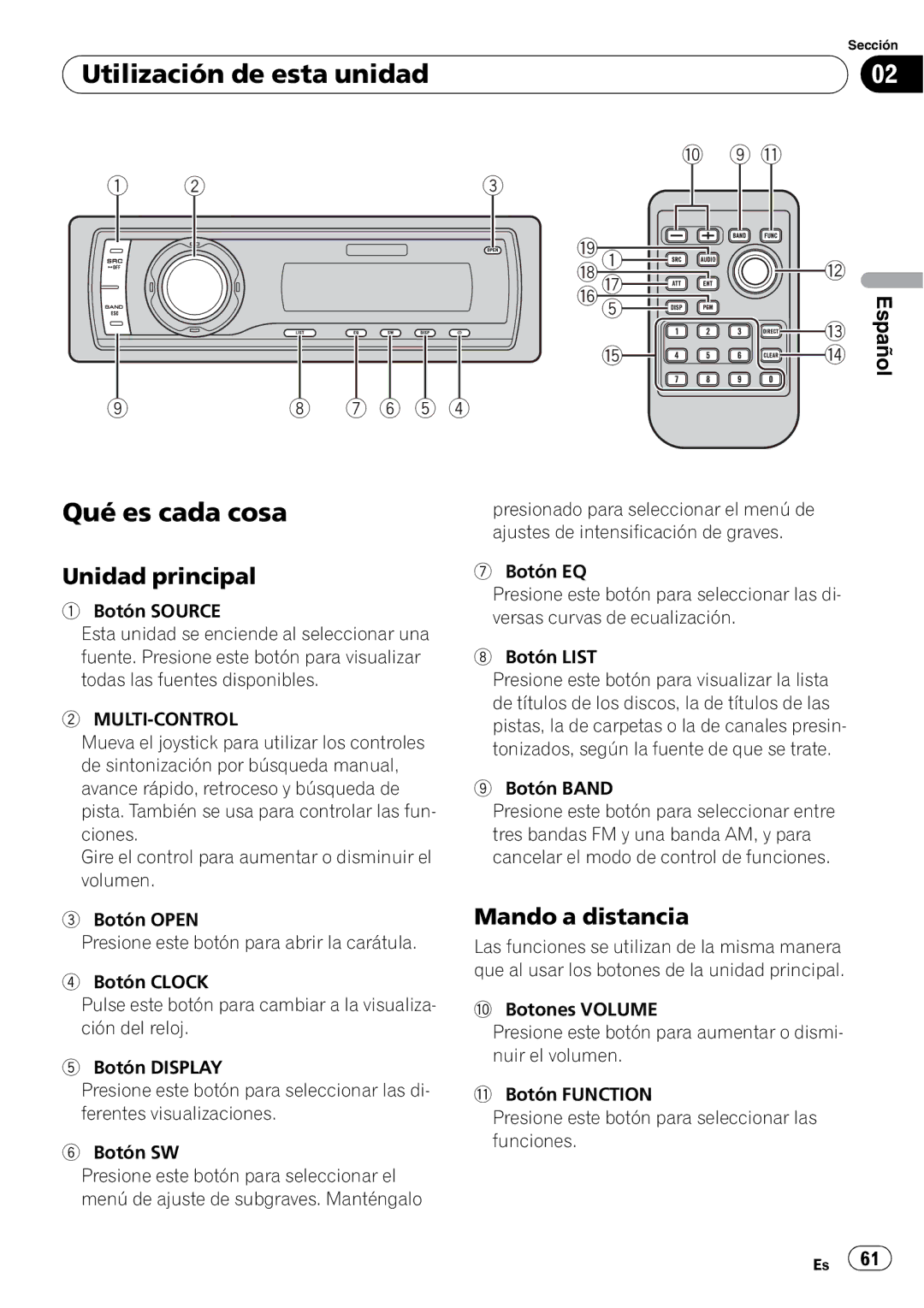 Pioneer DEH-P6950IB operation manual Utilización de esta unidad Qué es cada cosa, Unidad principal, Mando a distancia 