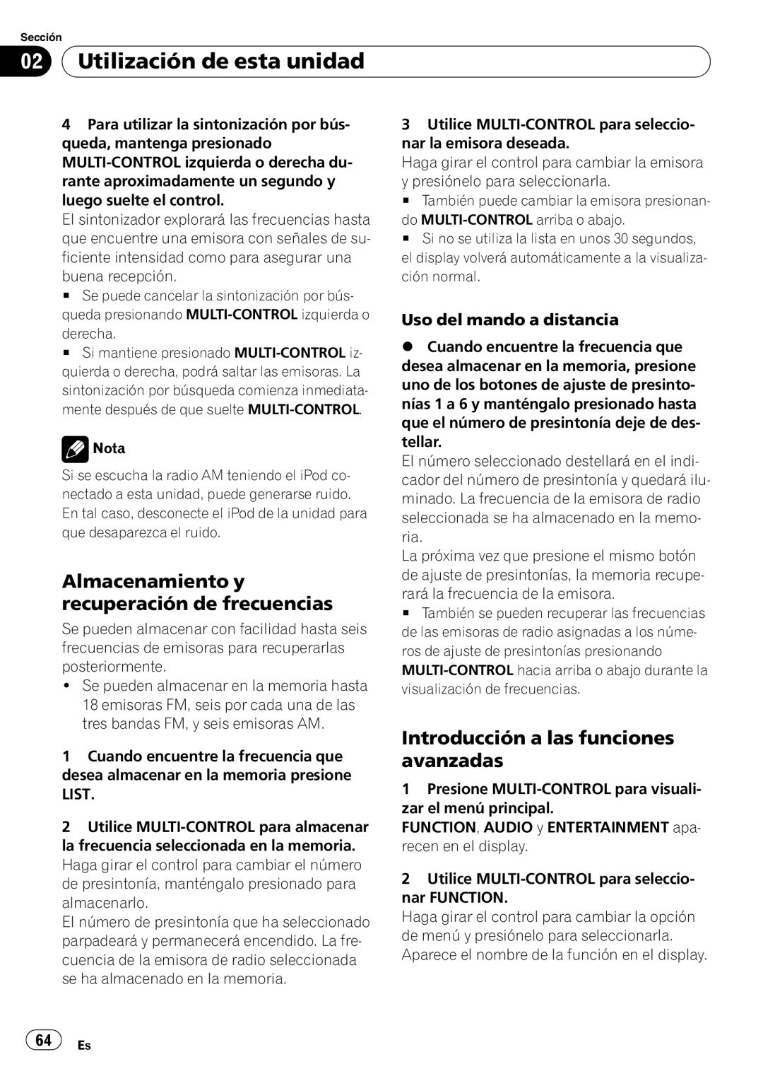 Pioneer DEH-P6950IB Almacenamiento y recuperación de frecuencias, Introducción a las funciones avanzadas, Derecha 