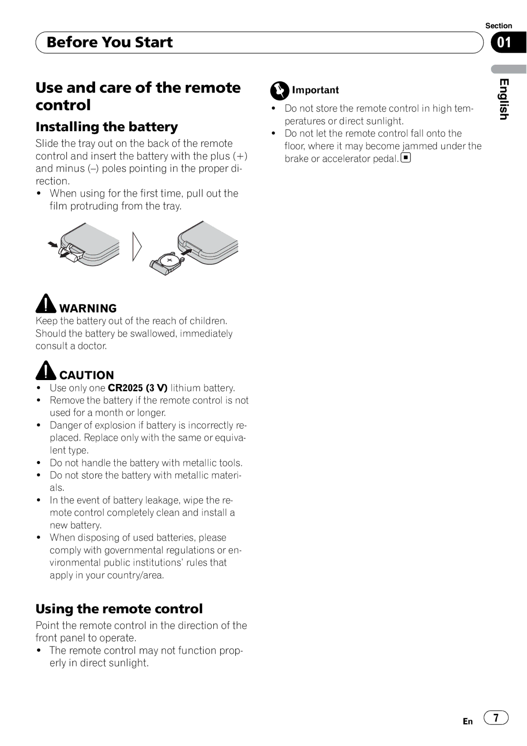 Pioneer DEH-P6950IB Before You Start Use and care of the remote control, Installing the battery, Using the remote control 